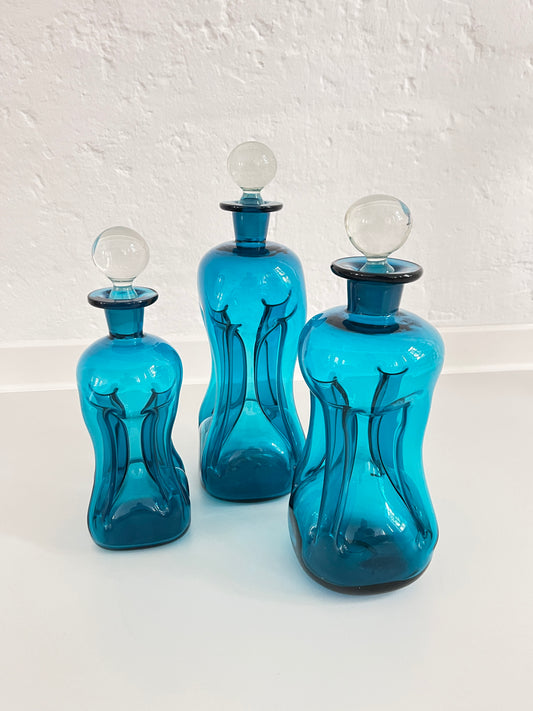 "Kluk Kluk" Blue Glass Decanter Vases, Holmegaard, Denmark, 1960s