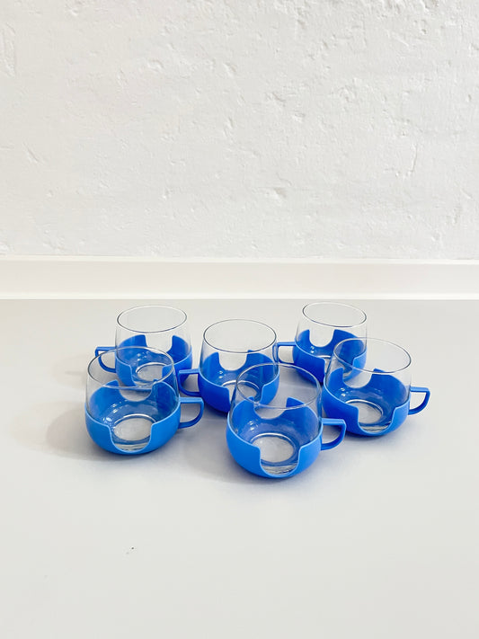 Glass Cups (6) with Blue Plastic Holders, DDR, 1960s