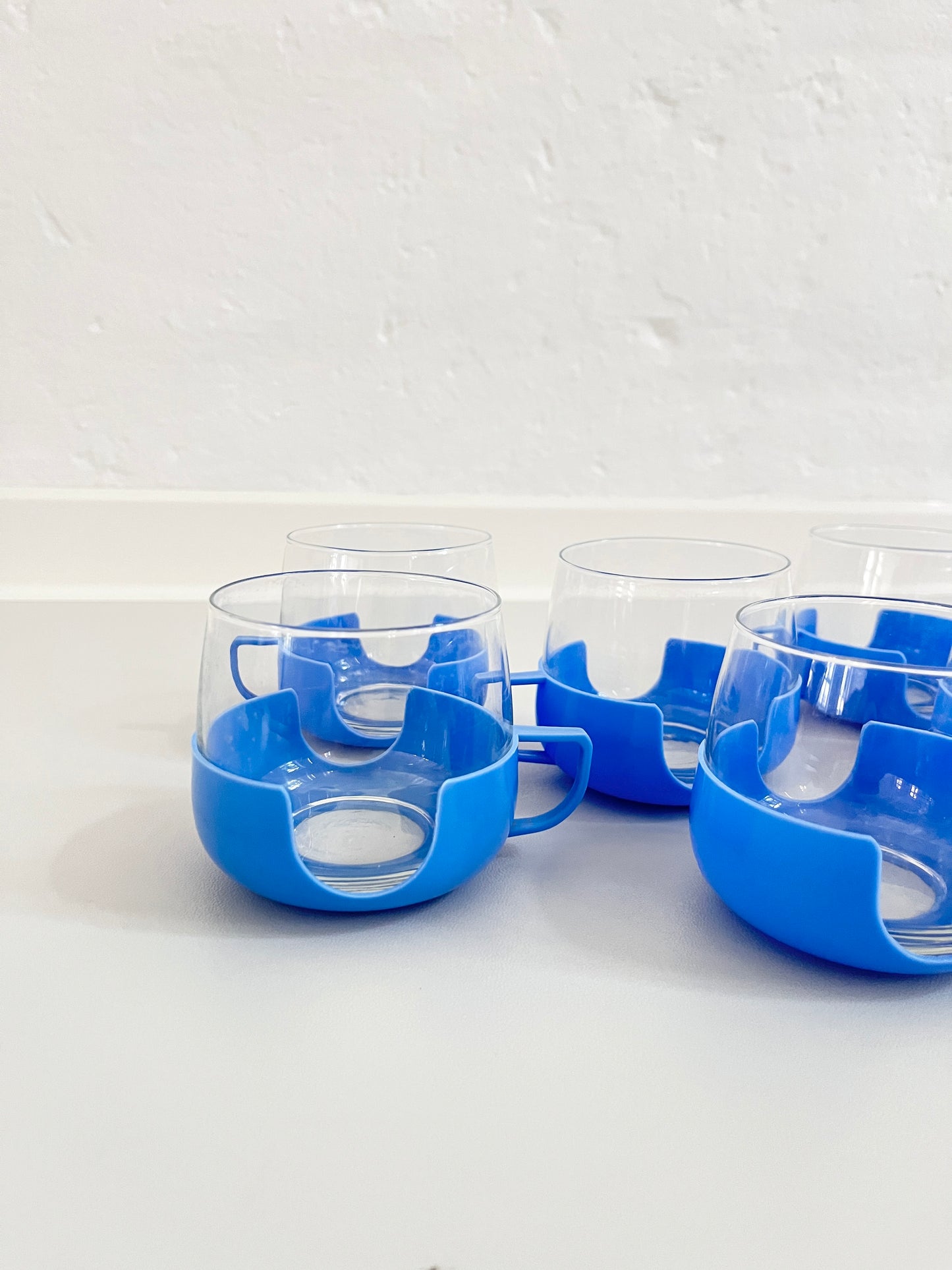 Glass Cups (6) with Blue Plastic Holders, DDR, 1960s