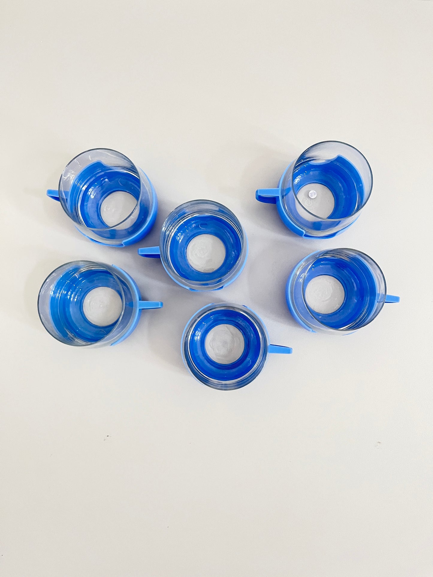Glass Cups (6) with Blue Plastic Holders, DDR, 1960s