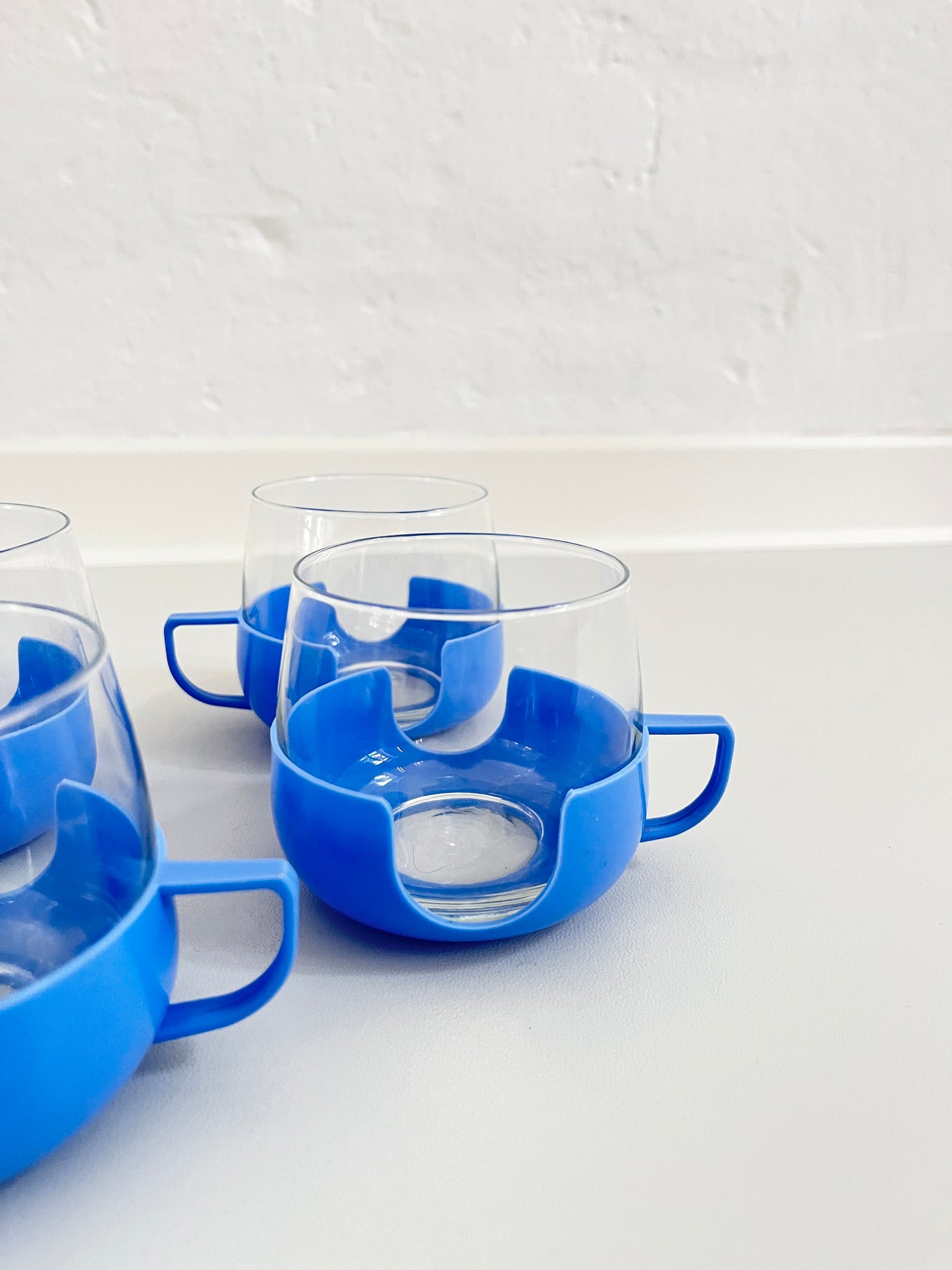 Glass Cups (6) with Blue Plastic Holders, DDR, 1960s