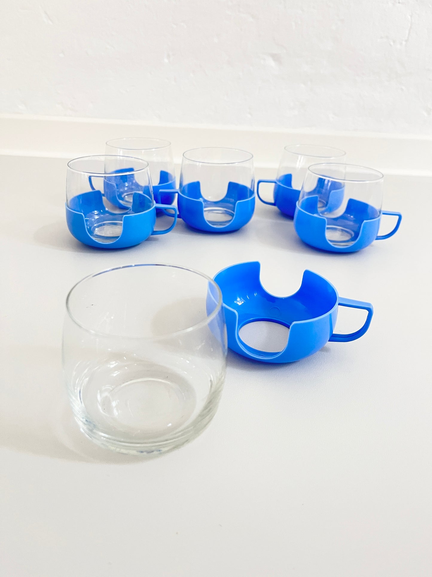Glass Cups (6) with Blue Plastic Holders, DDR, 1960s