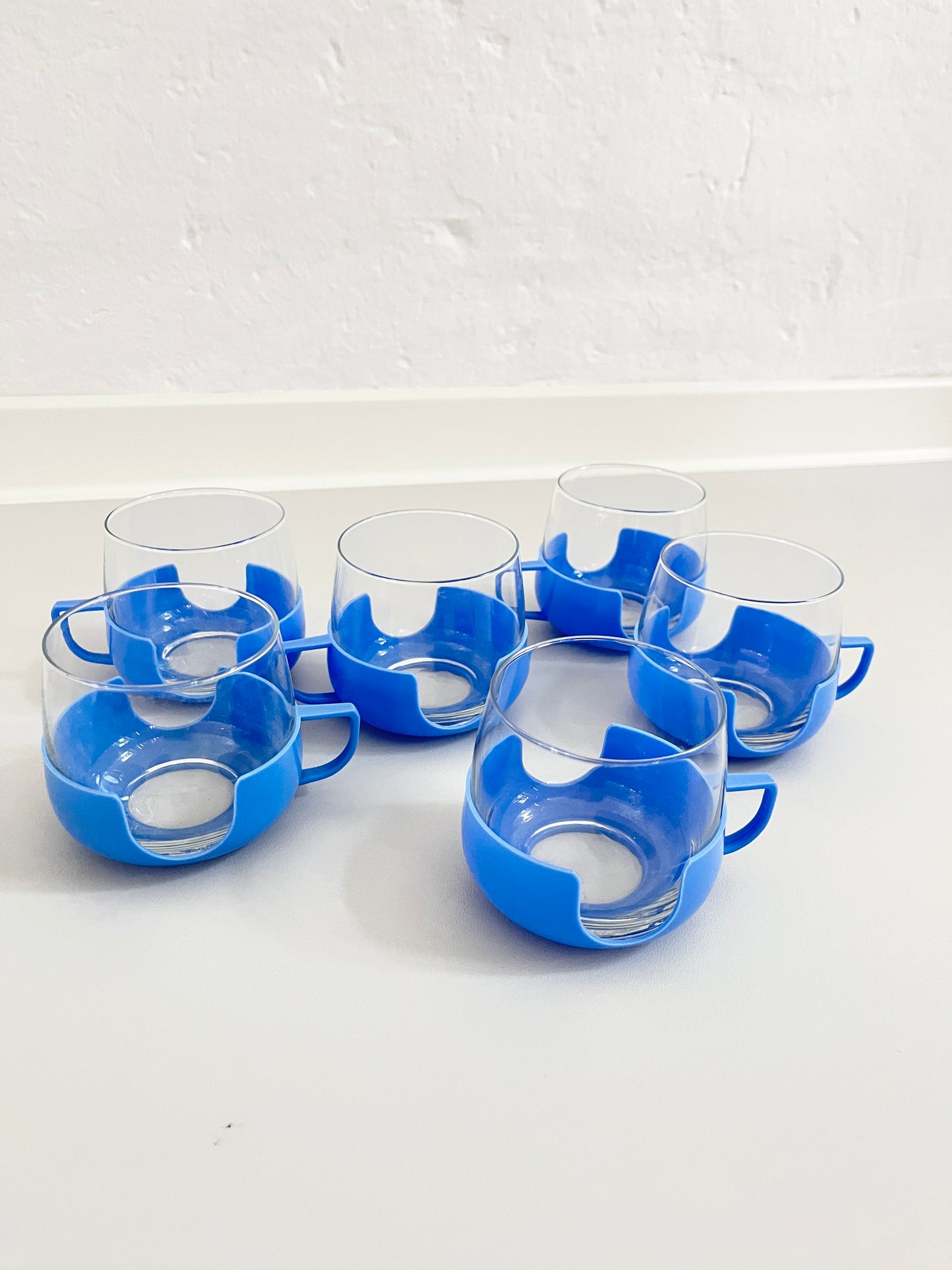 Glass Cups (6) with Blue Plastic Holders, DDR, 1960s