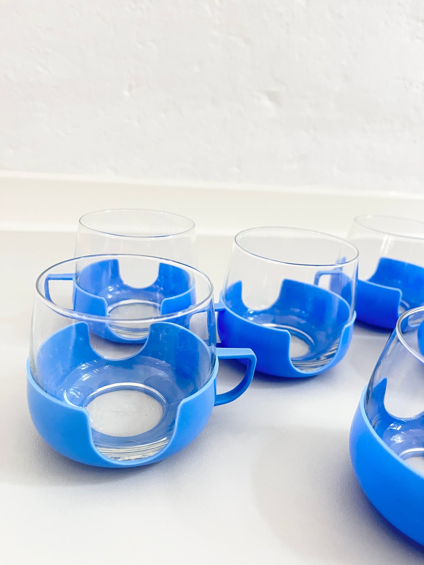 Glass Cups (6) with Blue Plastic Holders, DDR, 1960s