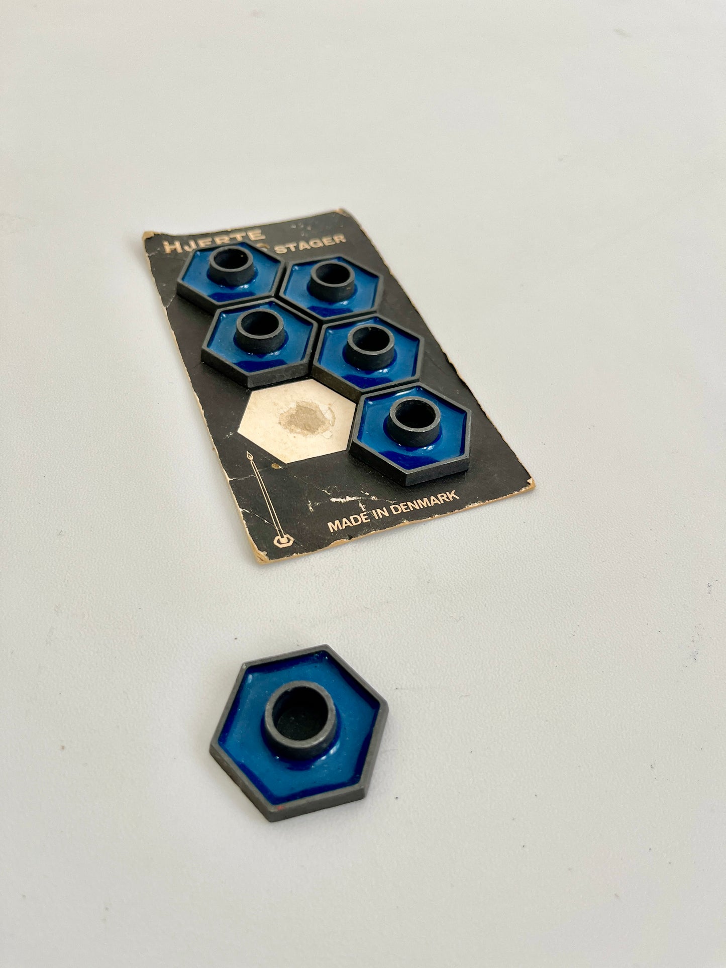 Vintage HJERTE Blue Enamel Hexagonal Candle Holders, Set of 6, Denmark, 1960s
