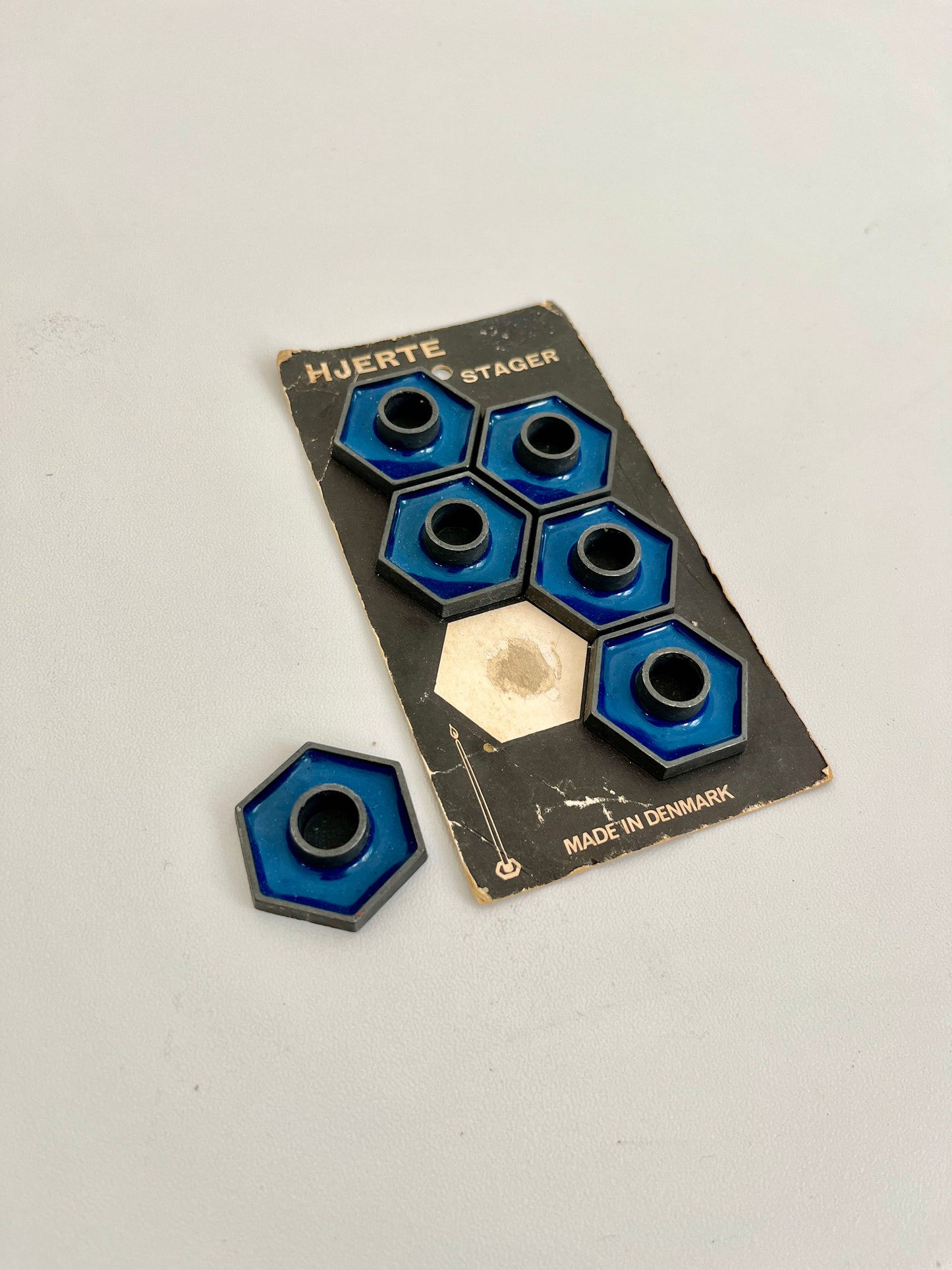 Vintage HJERTE Blue Enamel Hexagonal Candle Holders, Set of 6, Denmark, 1960s