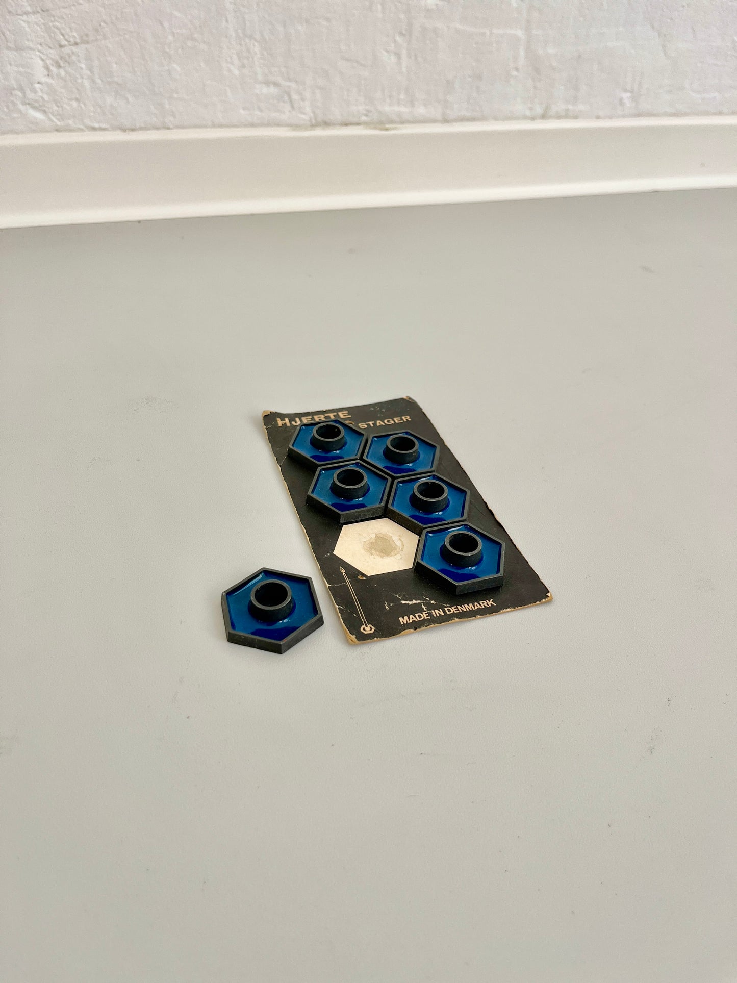 Vintage HJERTE Blue Enamel Hexagonal Candle Holders, Set of 6, Denmark, 1960s