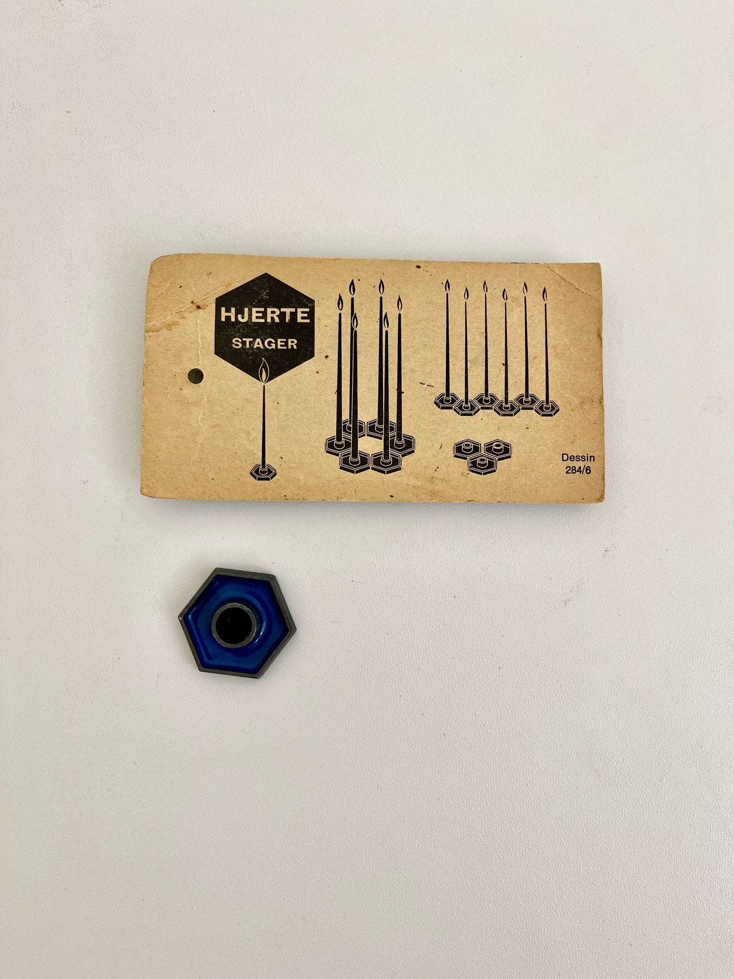 Vintage HJERTE Blue Enamel Hexagonal Candle Holders, Set of 6, Denmark, 1960s