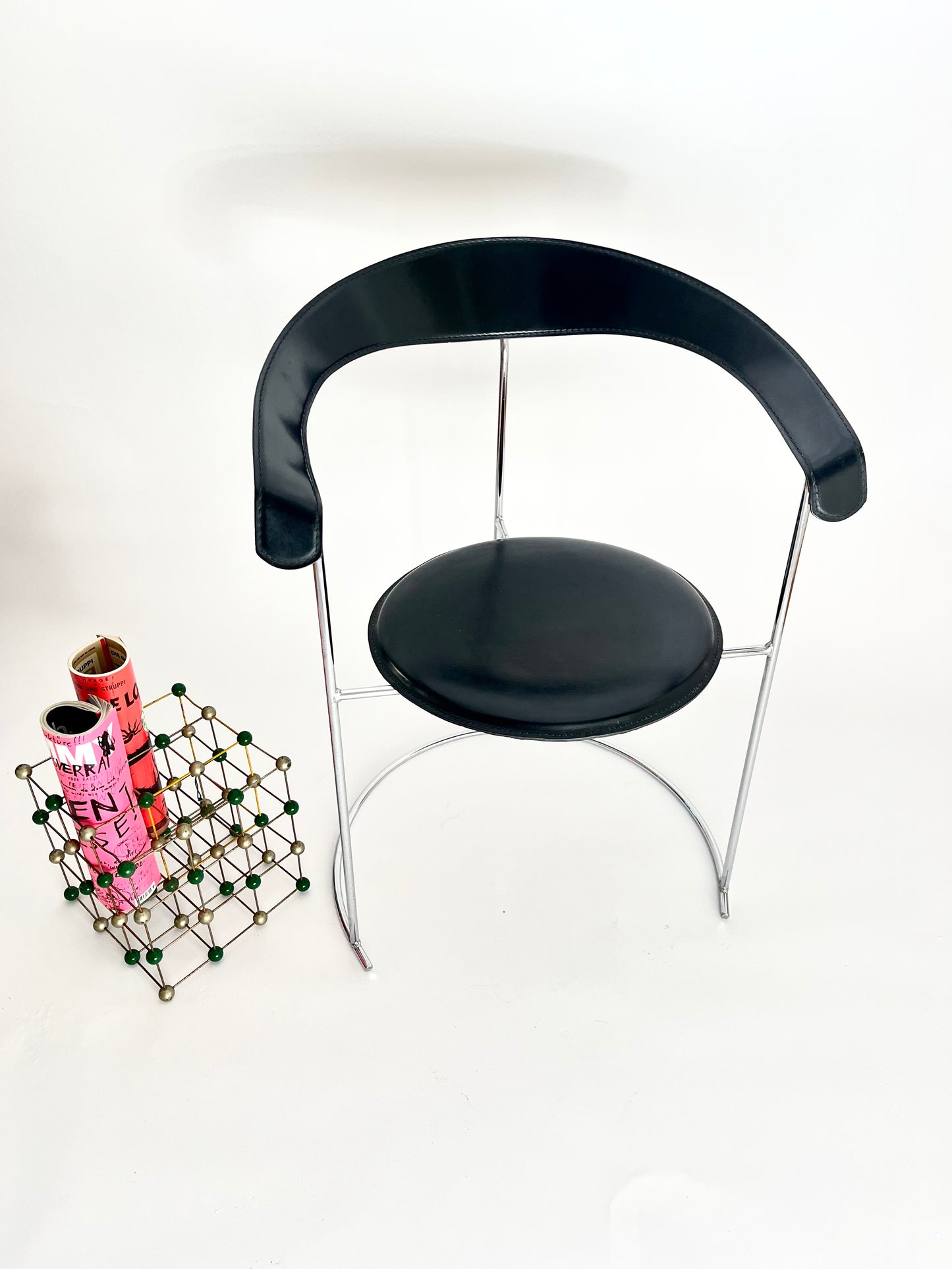 Arrben “Canasta” Chair, Black Leather & Metal, Italy,  1970s–1980s