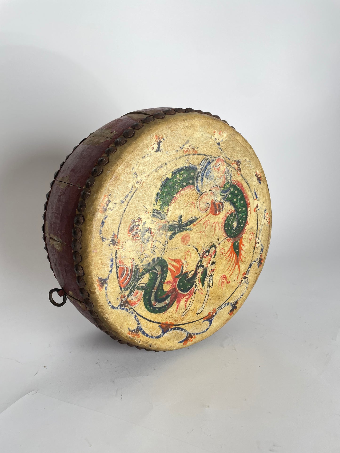Antique handmade drum made of leather and wood, Asia