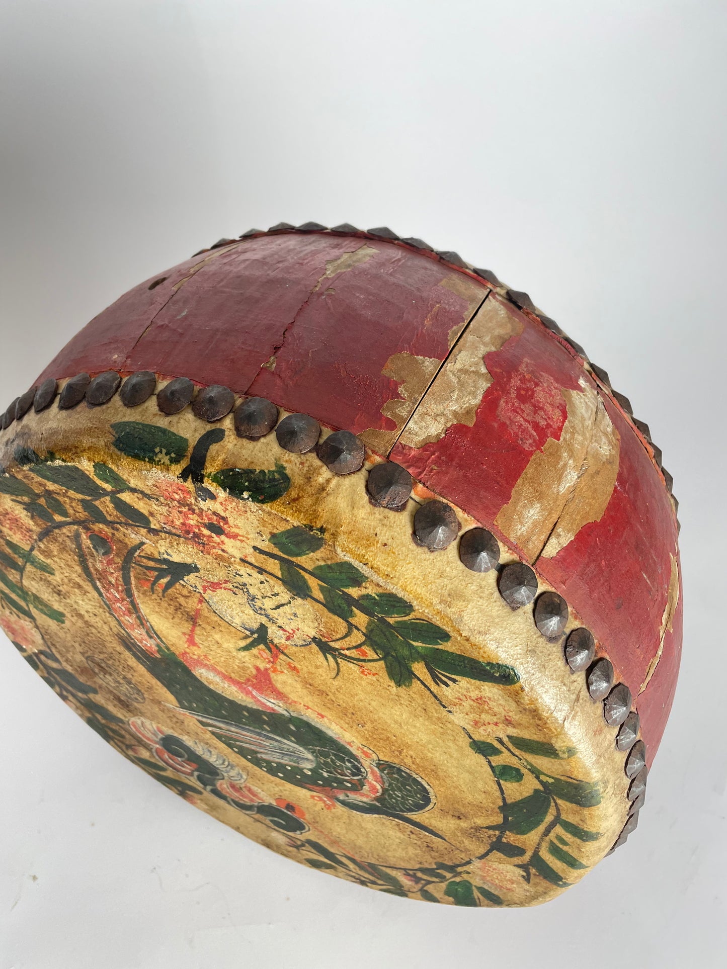 Antique handmade drum made of leather and wood, Asia