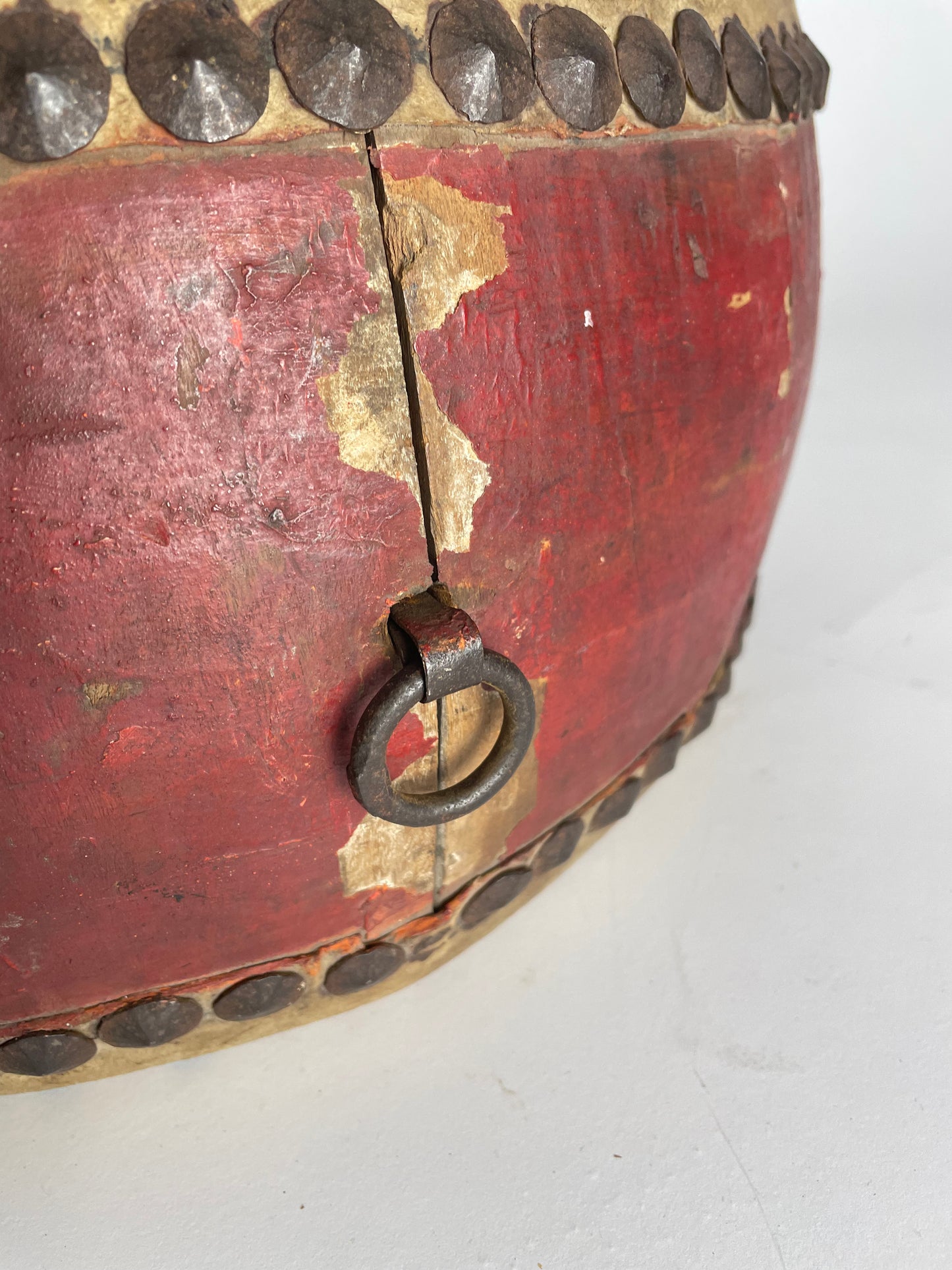 Antique handmade drum made of leather and wood, Asia