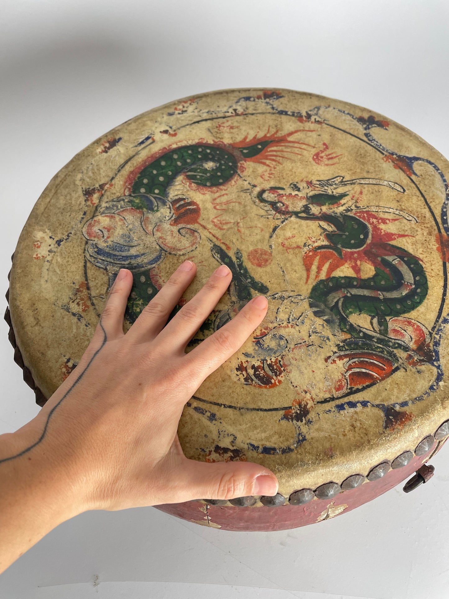 Antique handmade drum made of leather and wood, Asia