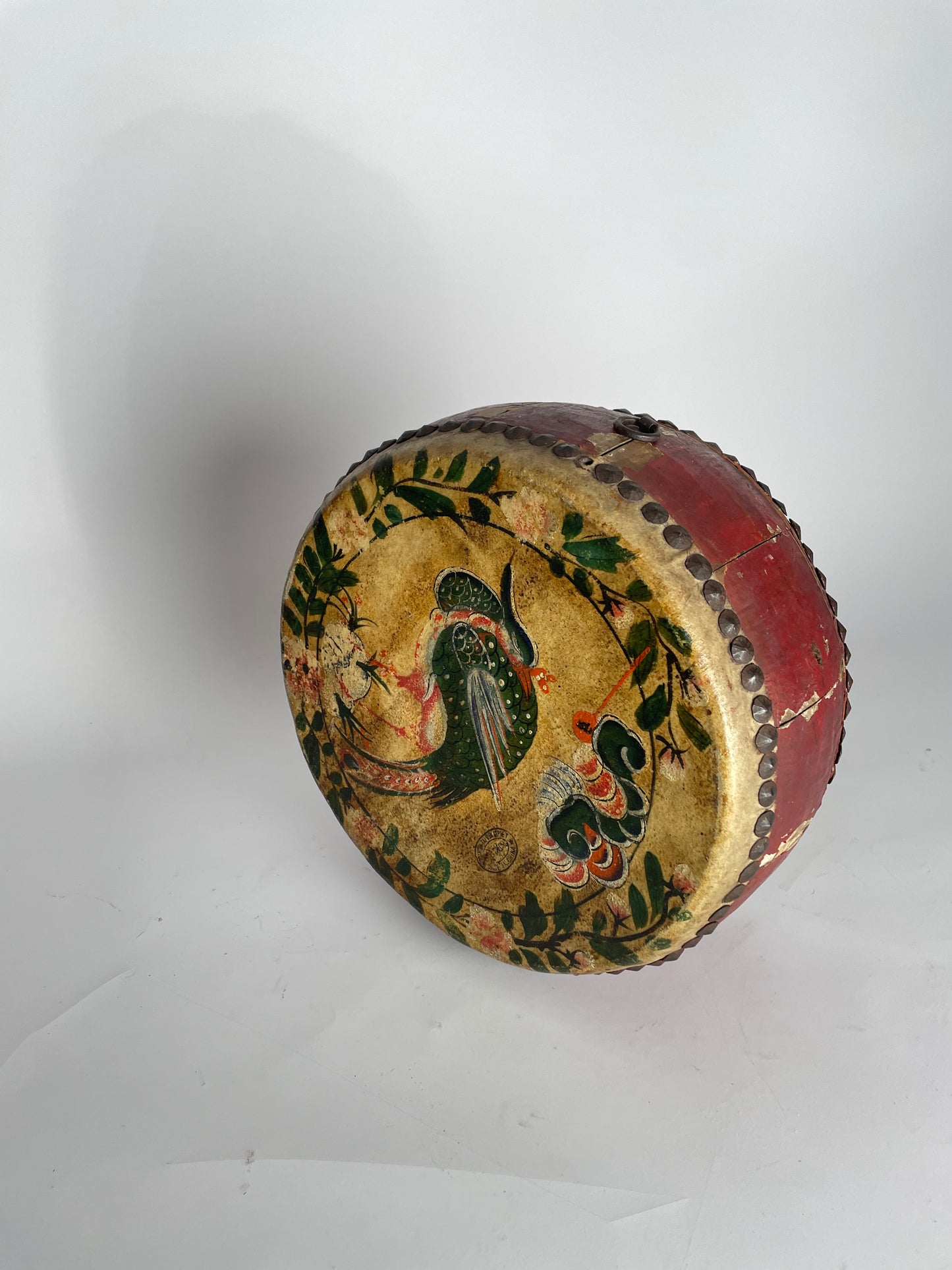 Antique handmade drum made of leather and wood, Asia
