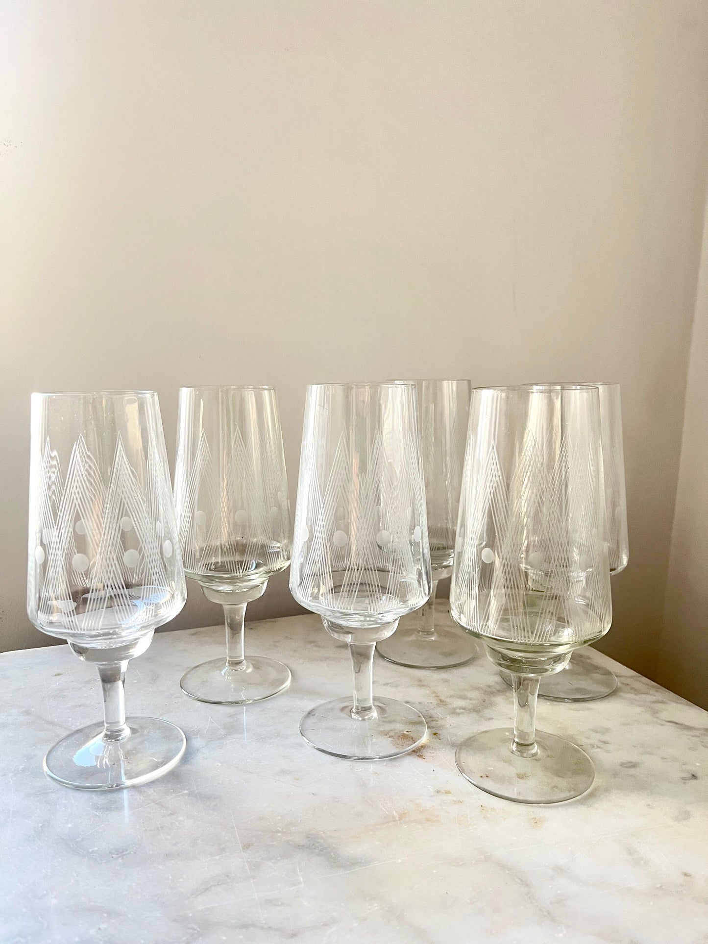 Vintage etched crystal wine or cocktail glasses, set of 6, 1960s, set of six etched crystal glasses