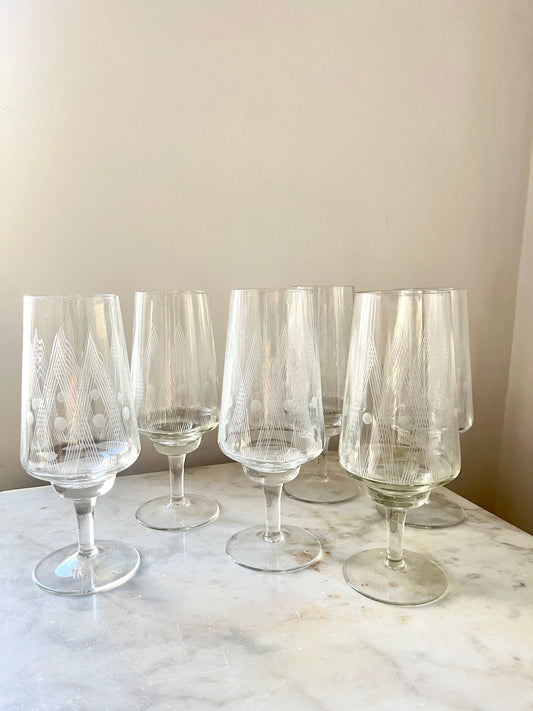 Set of 6 Etched Crystal Wine or Cocktail Glasses, 1960s Mid-Century Barware