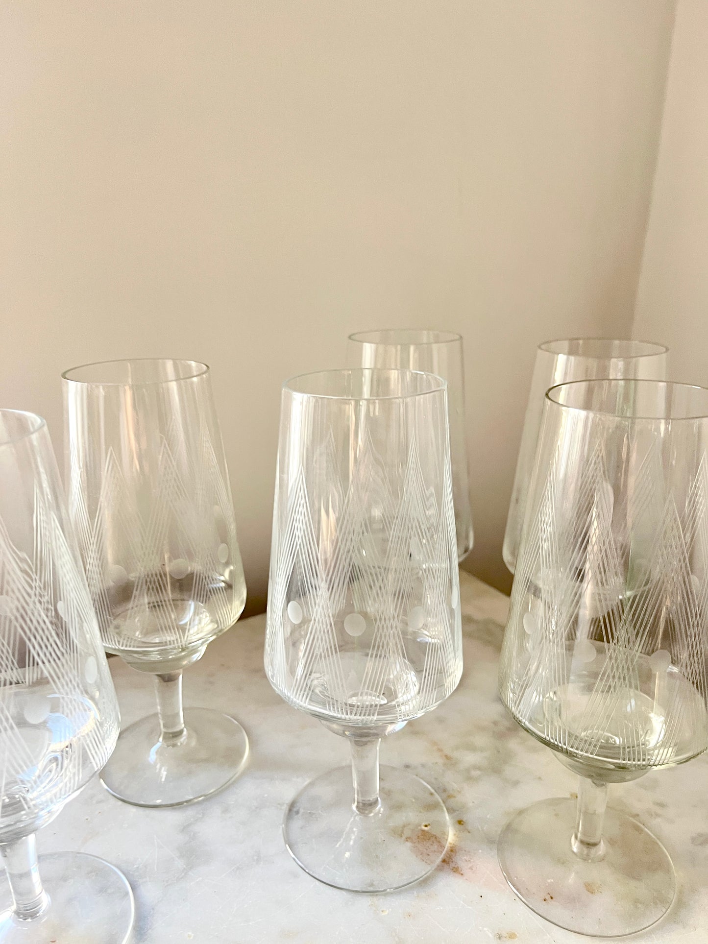 Vintage etched crystal wine or cocktail glasses, set of 6, 1960s, refined etched glassware set