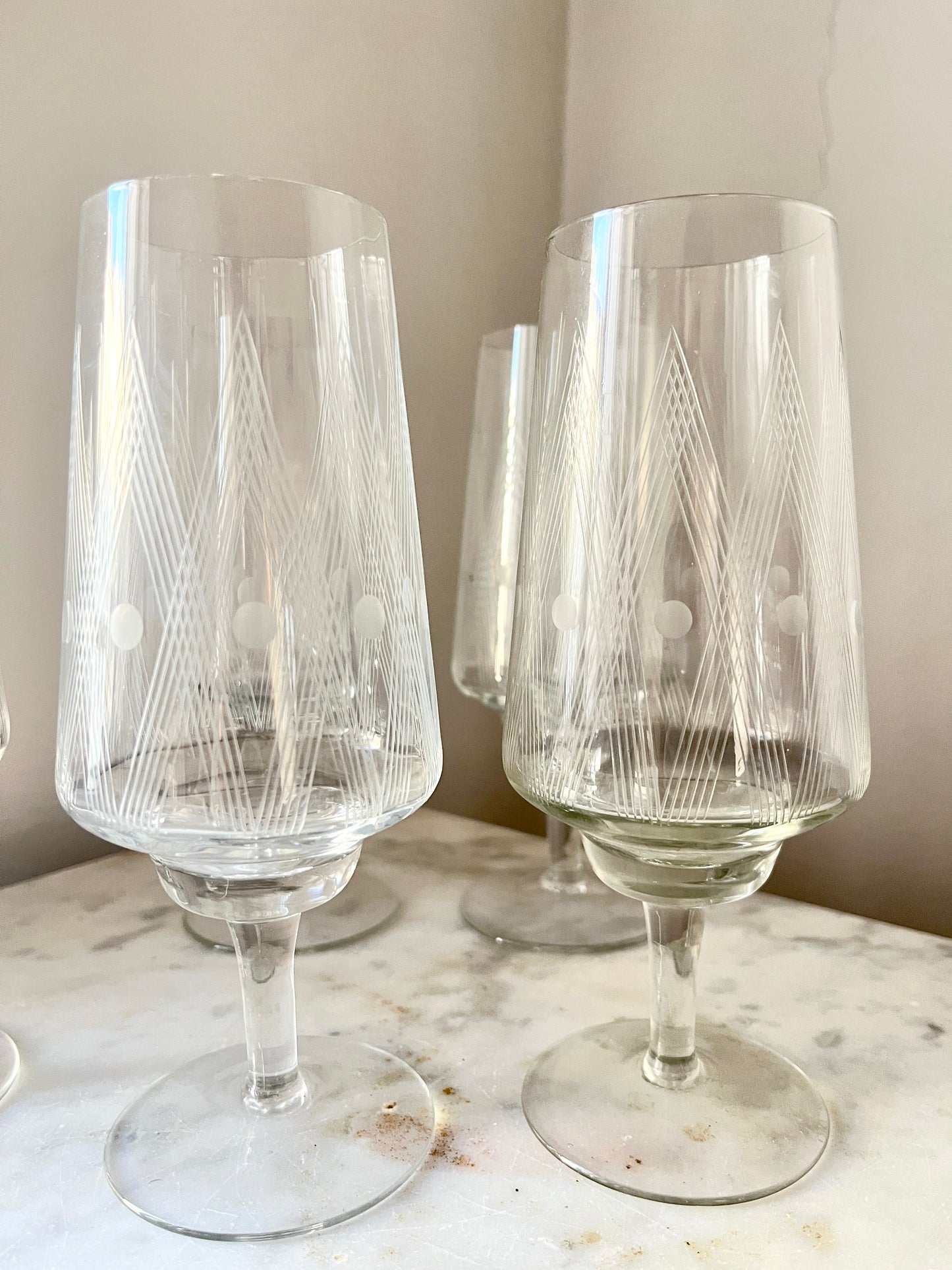 Vintage etched crystal wine or cocktail glasses, set of 6, 1960s, crystal cocktail glasses with etching
