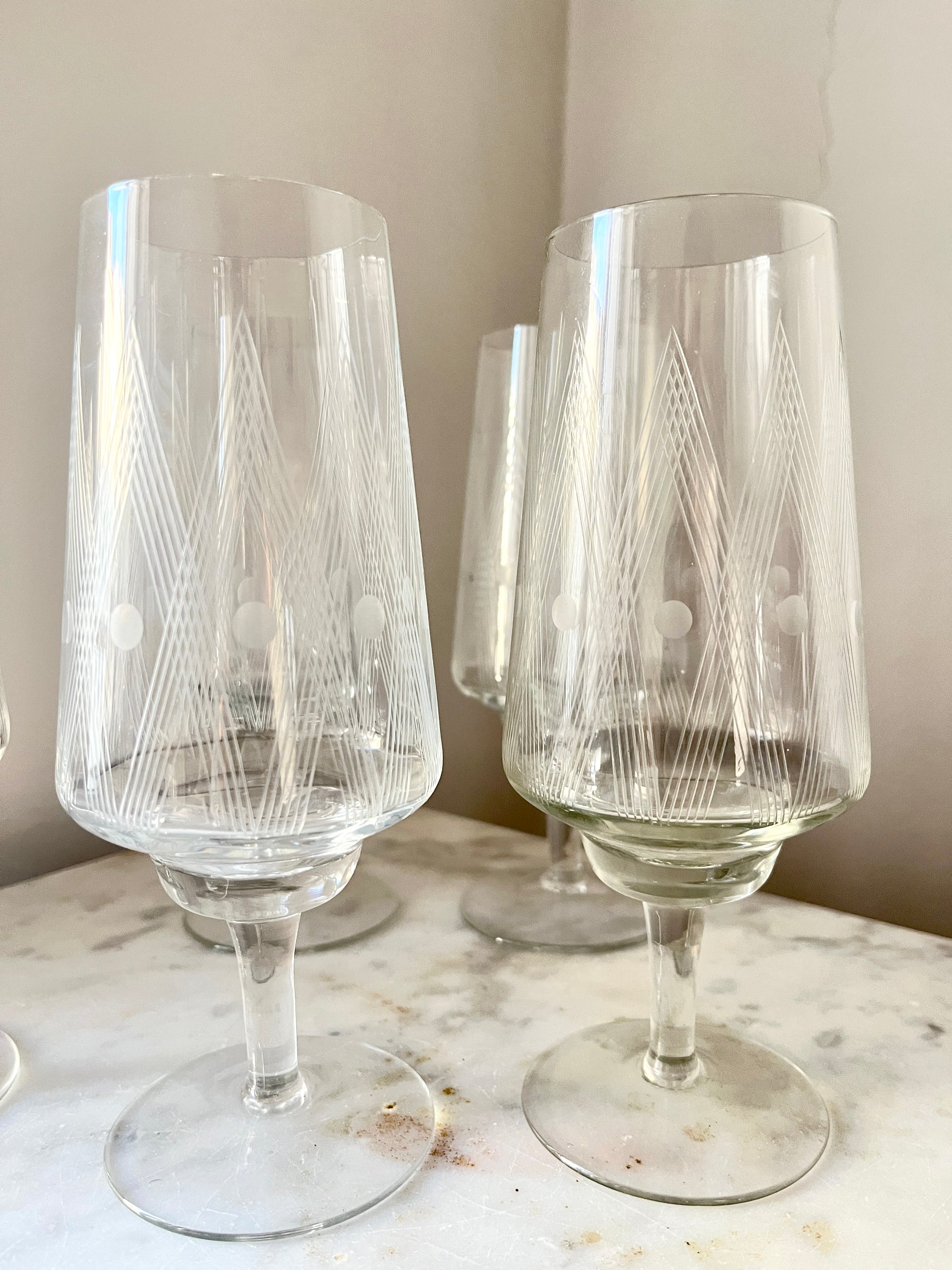 Vintage etched crystal wine or cocktail glasses, set of 6, 1960s, crystal cocktail glasses with etching