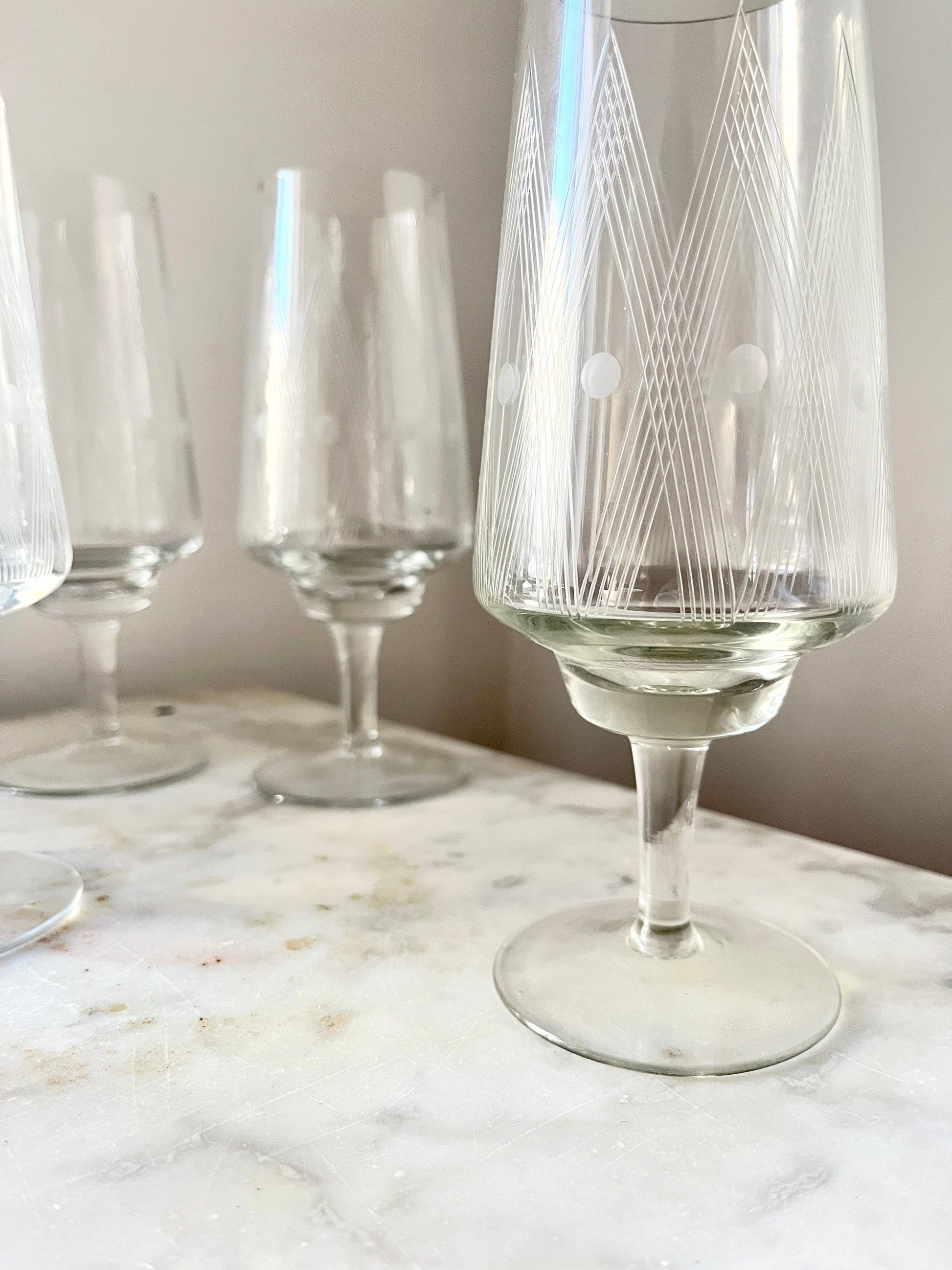 Vintage etched crystal wine or cocktail glasses, set of 6, 1960s, elegant etched wine glasses