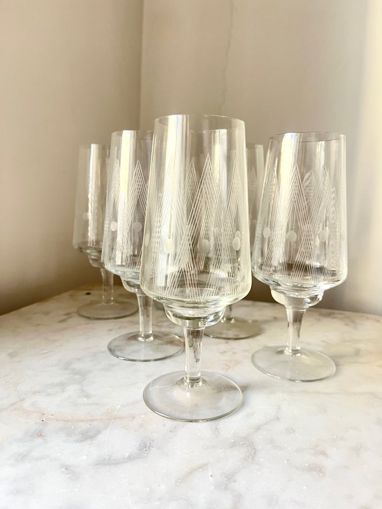 Vintage etched crystal wine or cocktail glasses, set of 6, 1960s, vintage crystal bar glasses