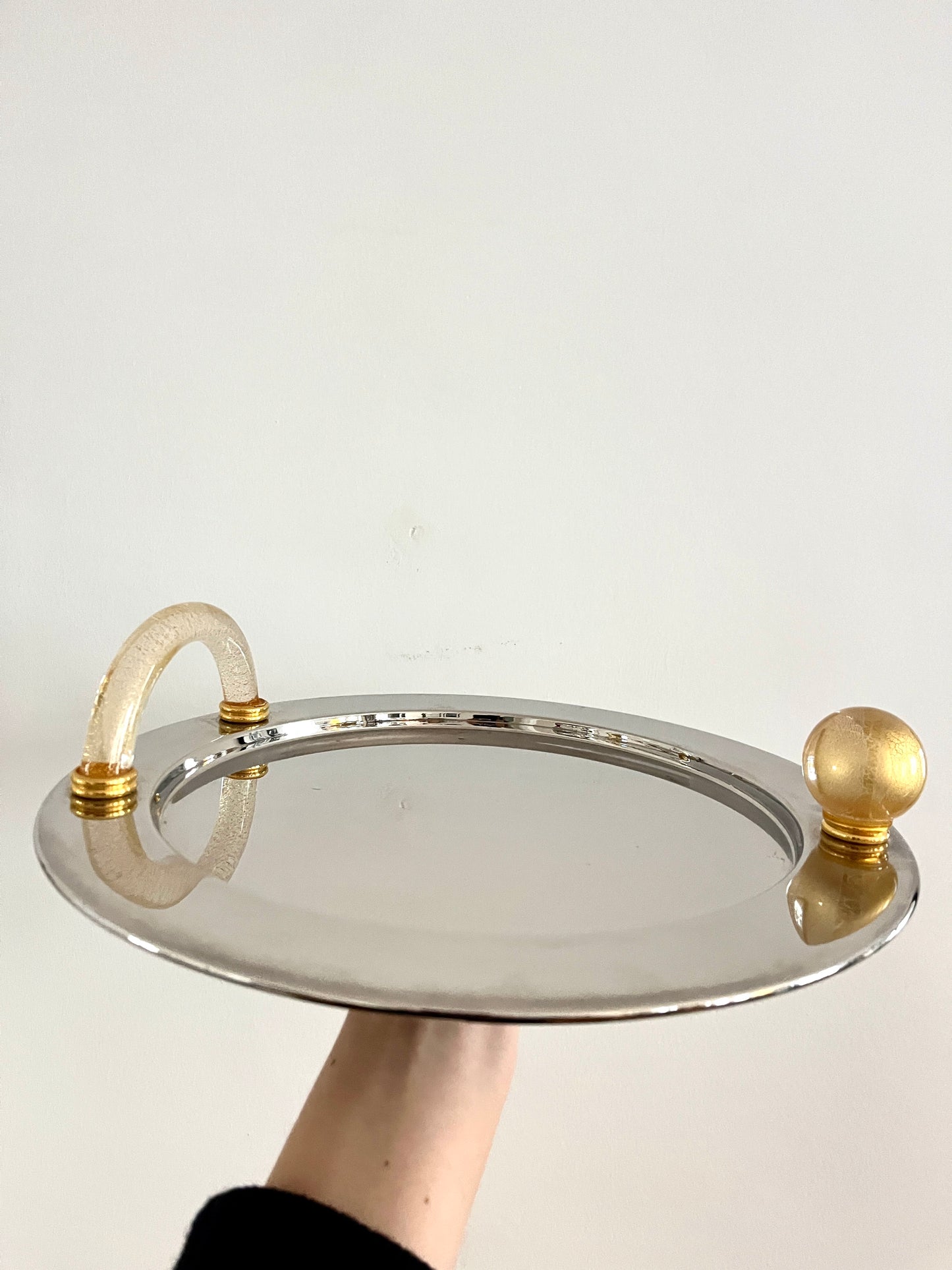 Palladium-Plated Serving Tray with Murano Glass Handle, Italy,  1980s