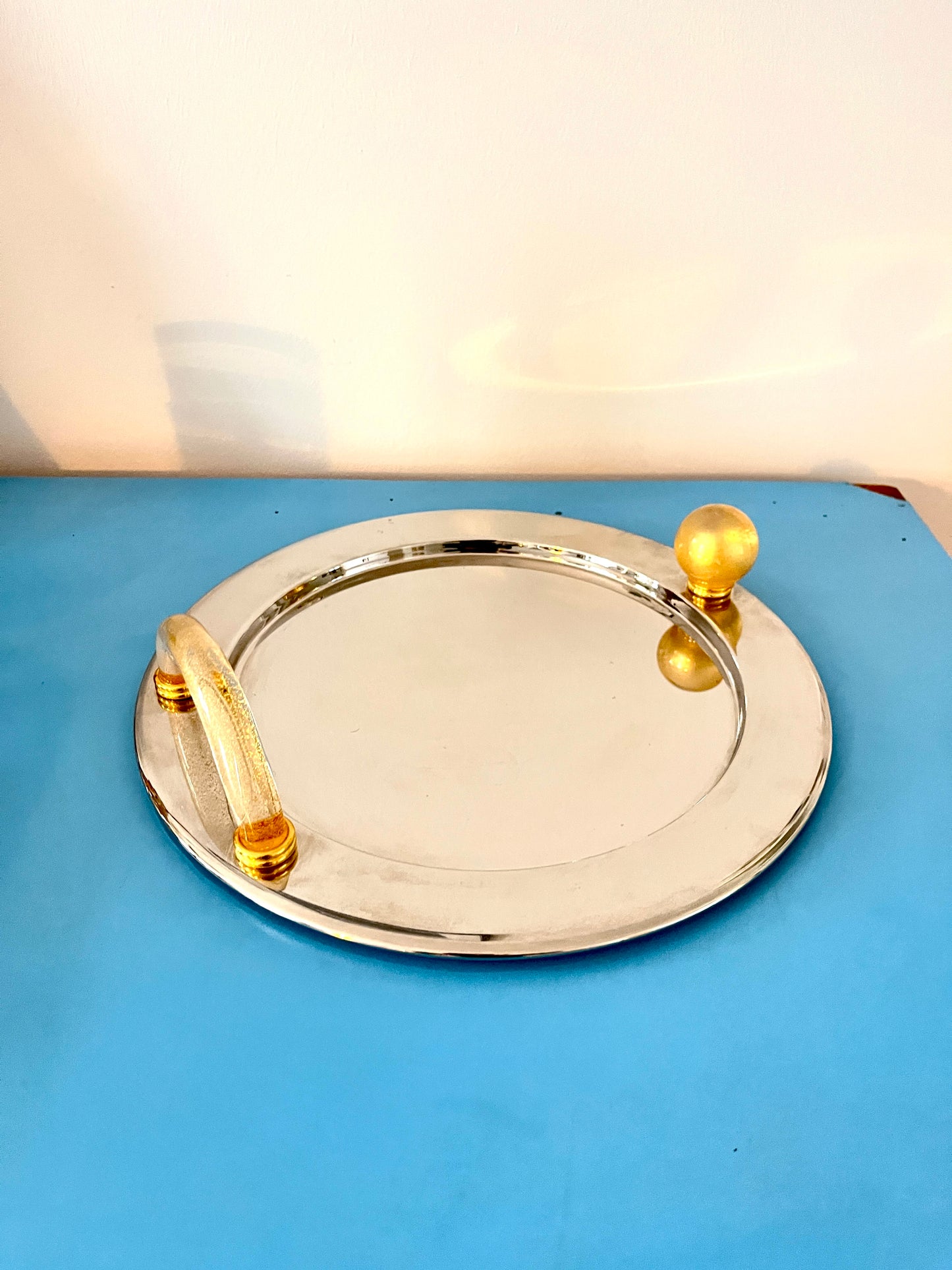 Palladium-Plated Serving Tray with Murano Glass Handle, Italy,  1980s