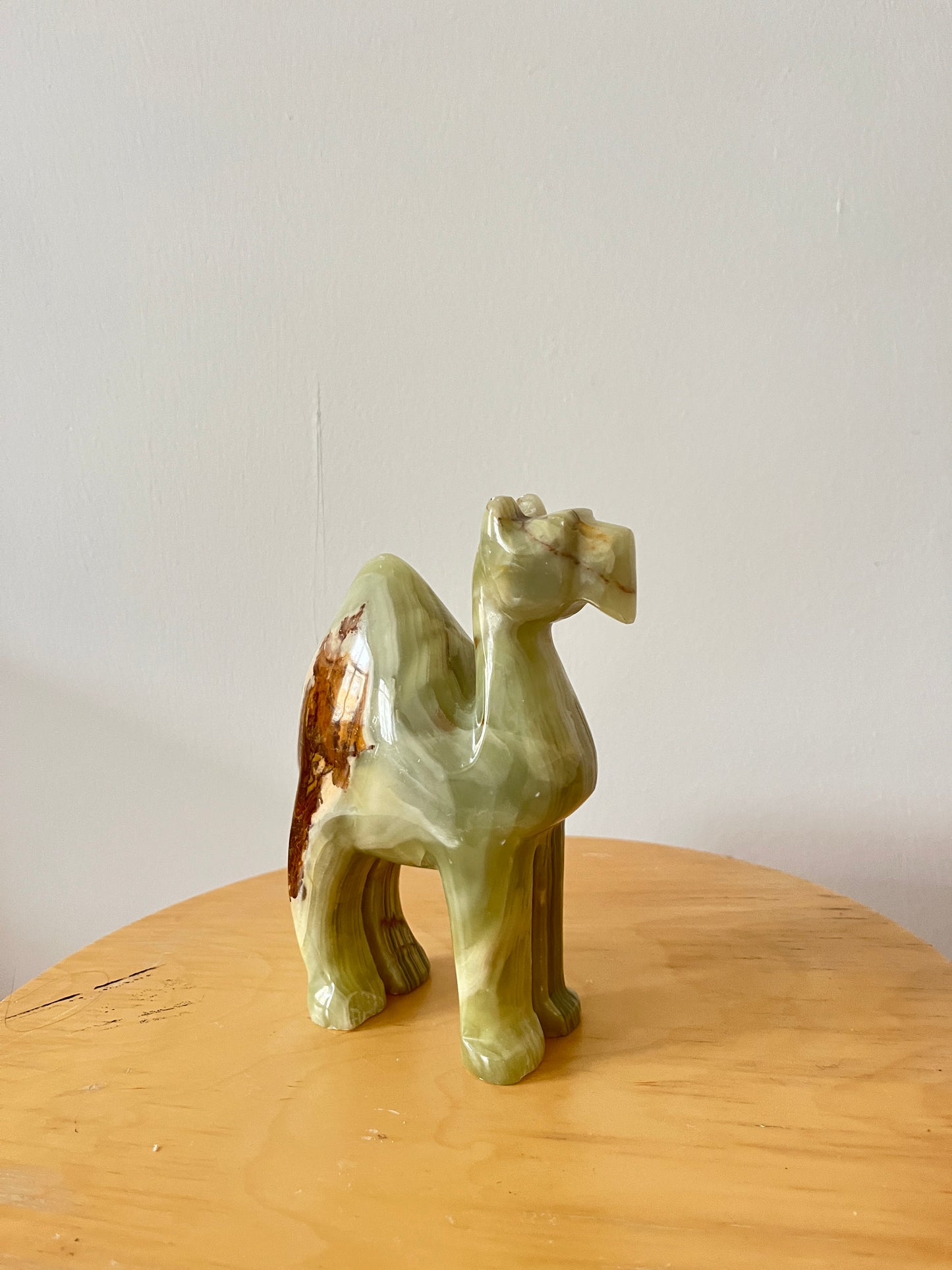 Vintage hand-carved green onyx dromedary camel figurine, 1970s, translucent green onyx figurine