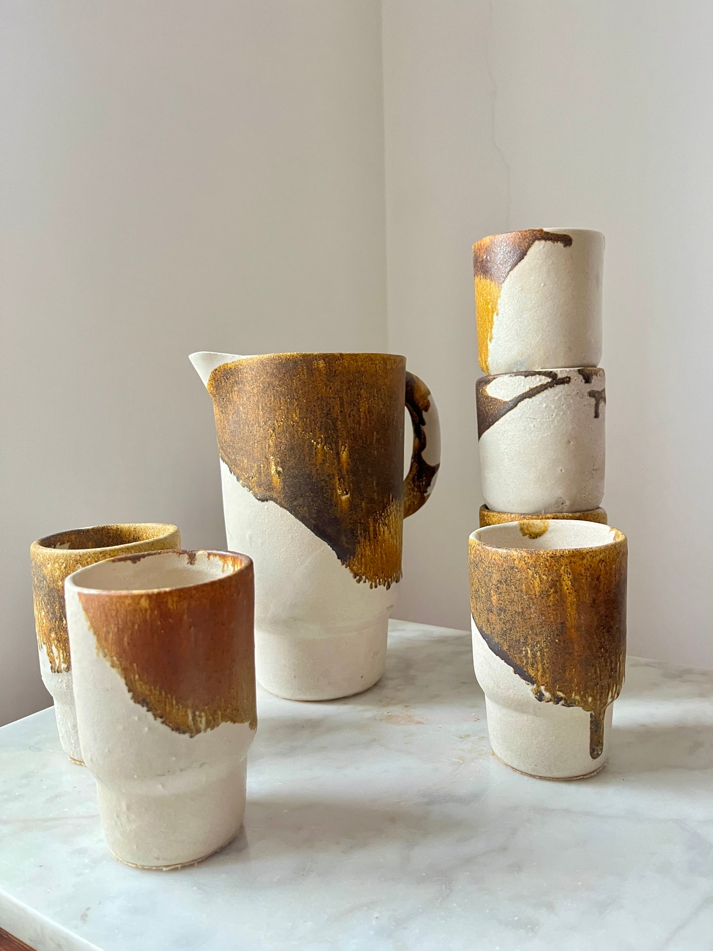Mid Century Studio Pottery Set, Drip Glaze Ceramic Cups & Pitcher, Germany, 1960s