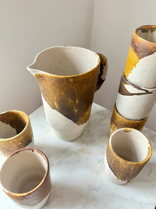 Mid Century Studio Pottery Set, Drip Glaze Ceramic Cups & Pitcher, Germany, 1960s