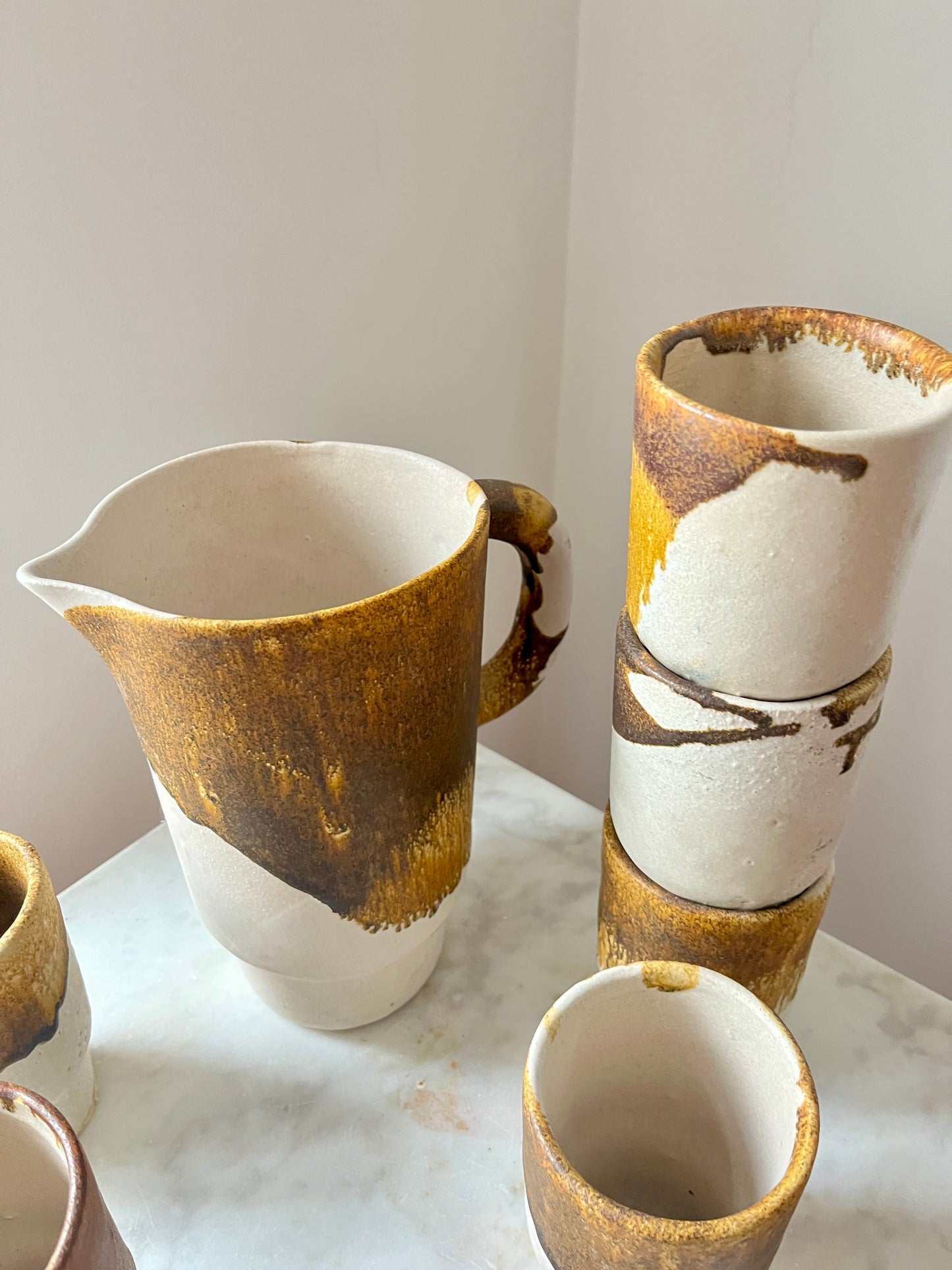 Mid Century Studio Pottery Set, Drip Glaze Ceramic Cups & Pitcher, Germany, 1960s
