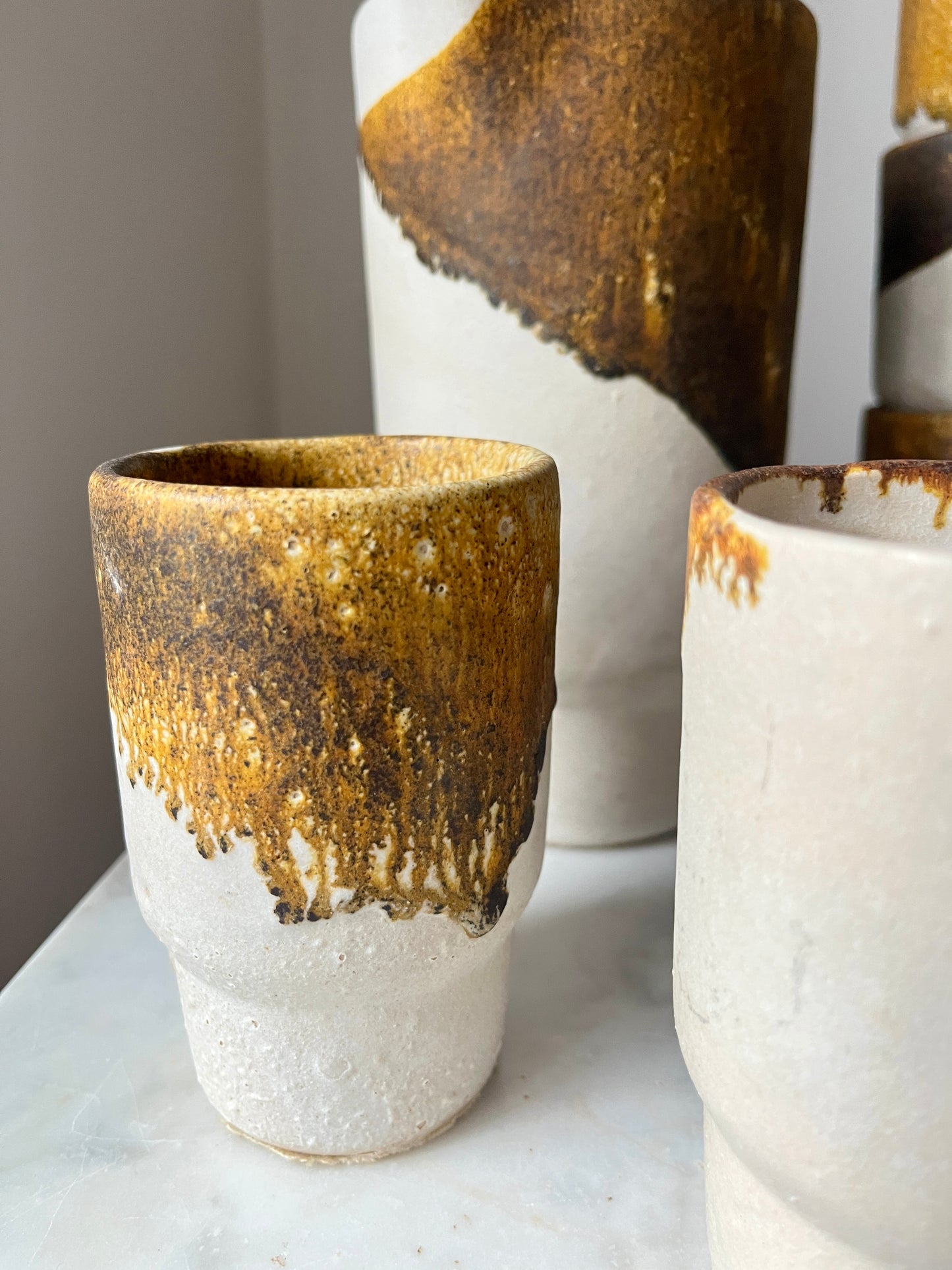 Mid Century Studio Pottery Set, Drip Glaze Ceramic Cups & Pitcher, Germany, 1960s