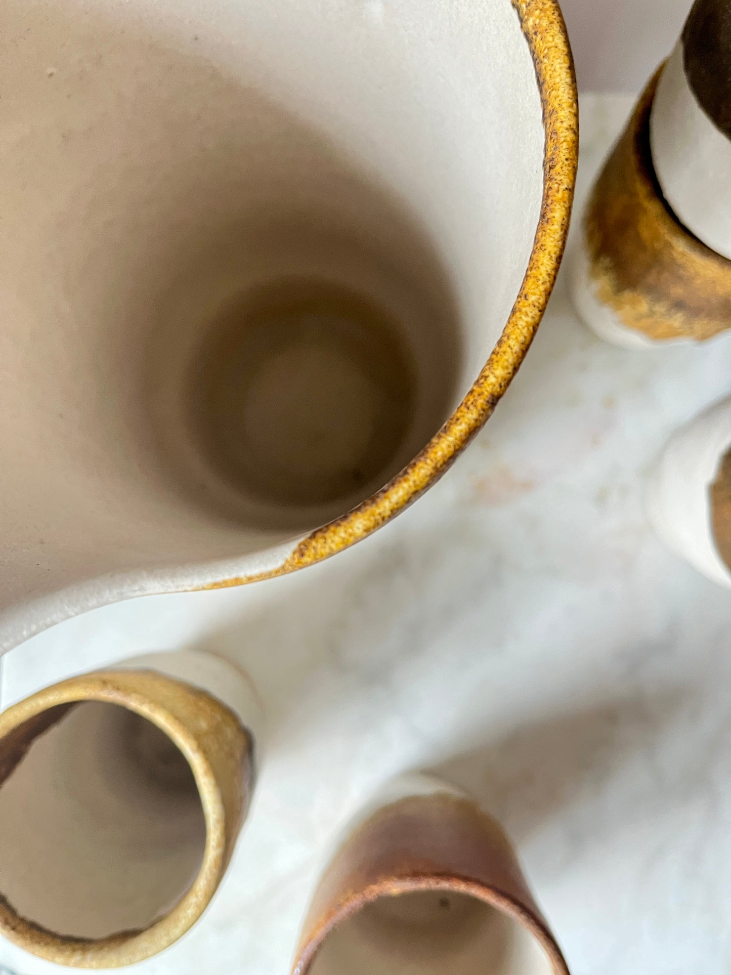 Mid Century Studio Pottery Set, Drip Glaze Ceramic Cups & Pitcher, Germany, 1960s