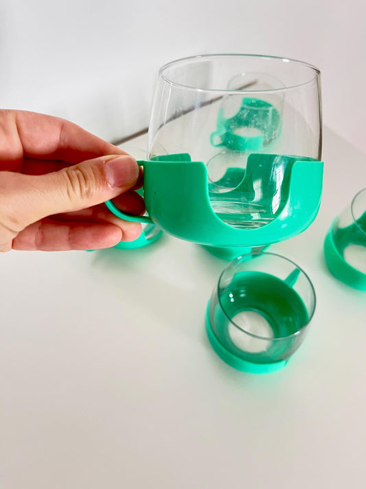 Glass Cups (6) with Green Plastic Holders, DDR, 1960s