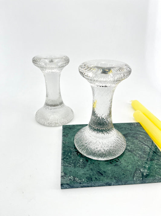 Vintage 1980s solid ice glass candle holder in clear heavy glass with mid-century ice-glass texture
