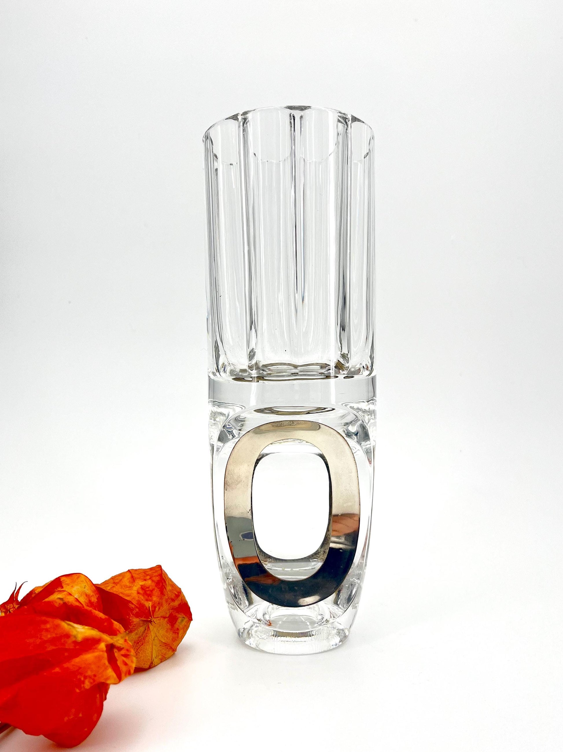 Rare vintage crystal and 800 silver vase by Taddei Sestini, Italy 1970s, sculptural crystal vase with flattened base
