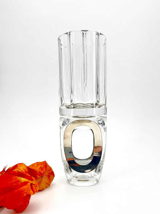 Rare vintage crystal and 800 silver vase by Taddei Sestini, Italy 1970s, sculptural crystal vase with flattened base