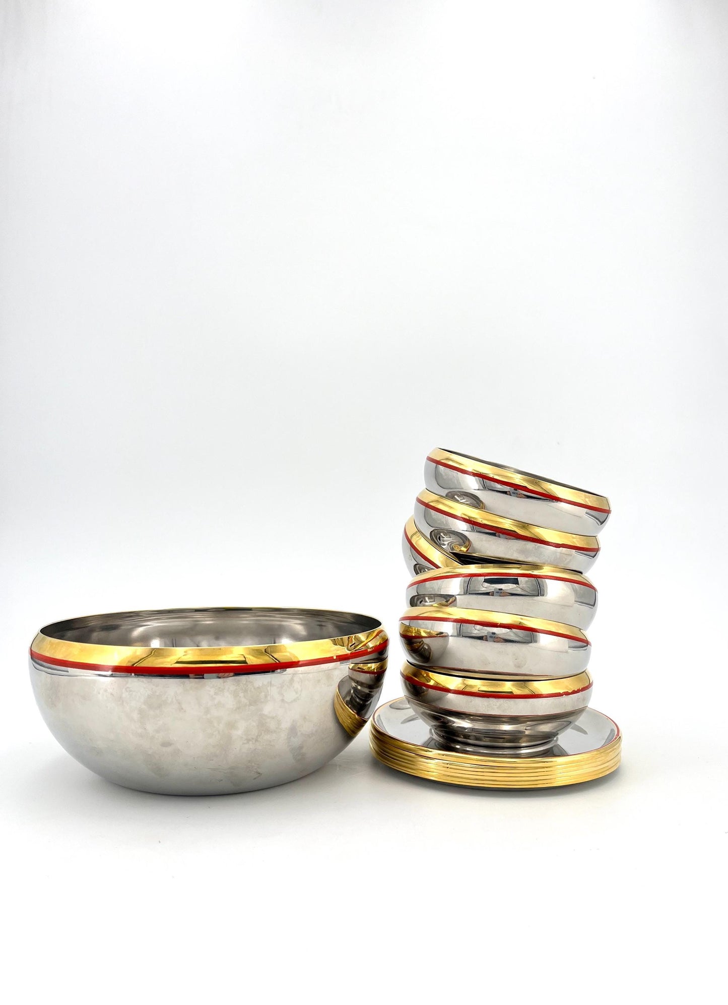 Vintage Gianfranco Gnali stainless steel bowls with 24k gold details, Italy 1980s, Italian designer steel bowls
