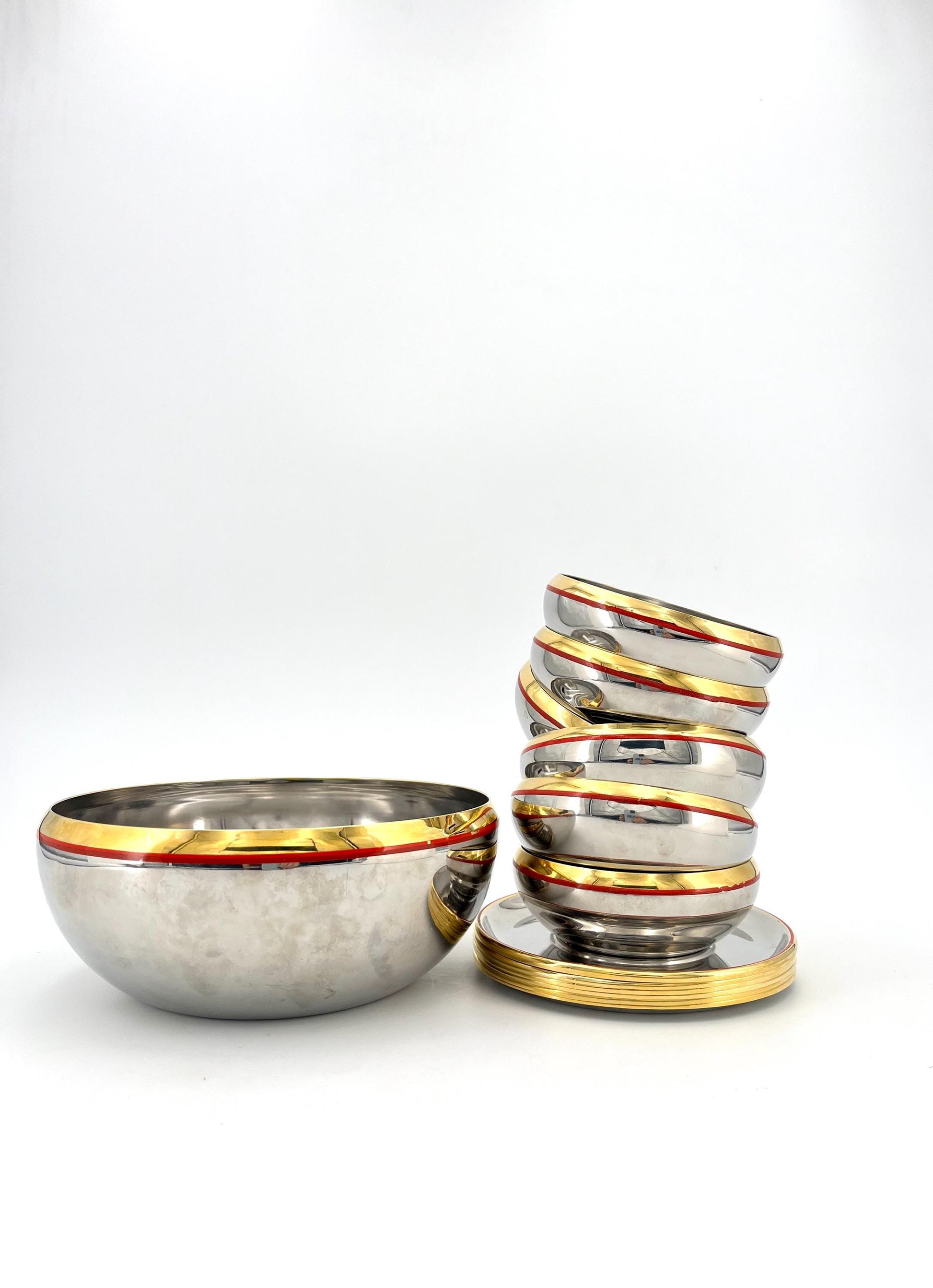 Vintage Gianfranco Gnali stainless steel bowls with 24k gold details, Italy 1980s, Italian designer steel bowls