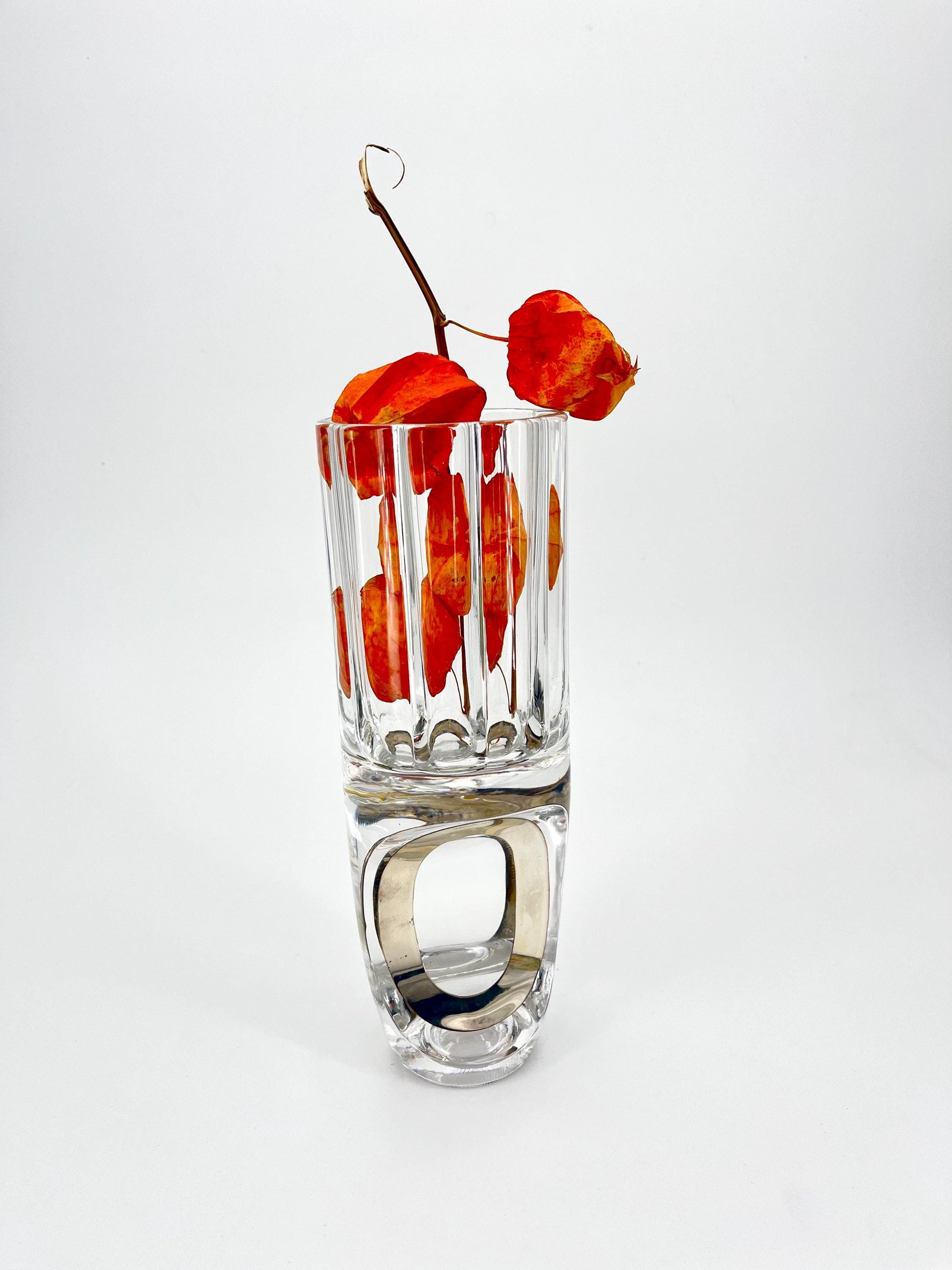 Rare vintage crystal and 800 silver vase by Taddei Sestini, Italy 1970s, vintage crystal vase with sterling silver detail
