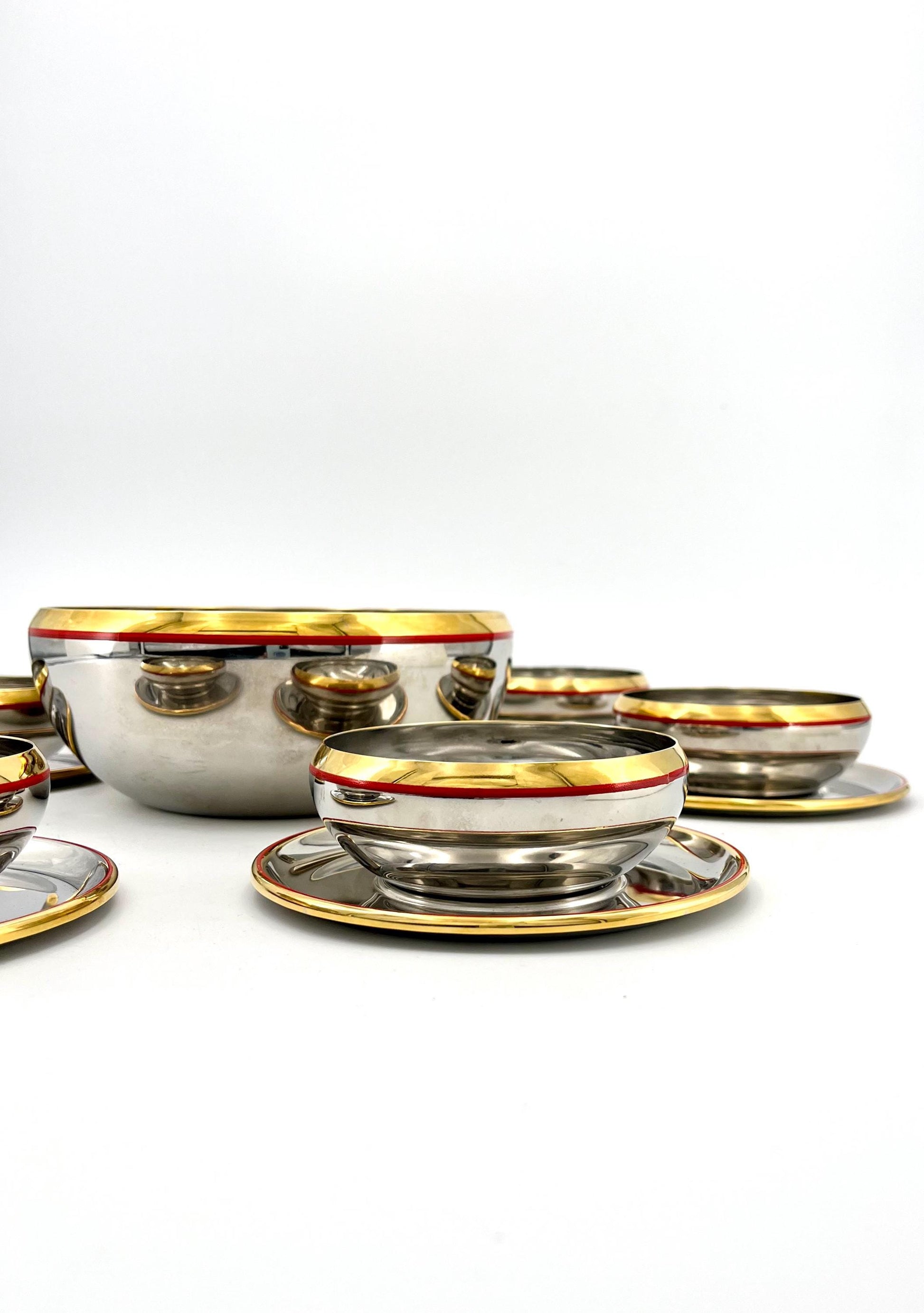 Vintage Gianfranco Gnali stainless steel bowls with 24k gold details, Italy 1980s, stainless steel bowls with 24k gold details