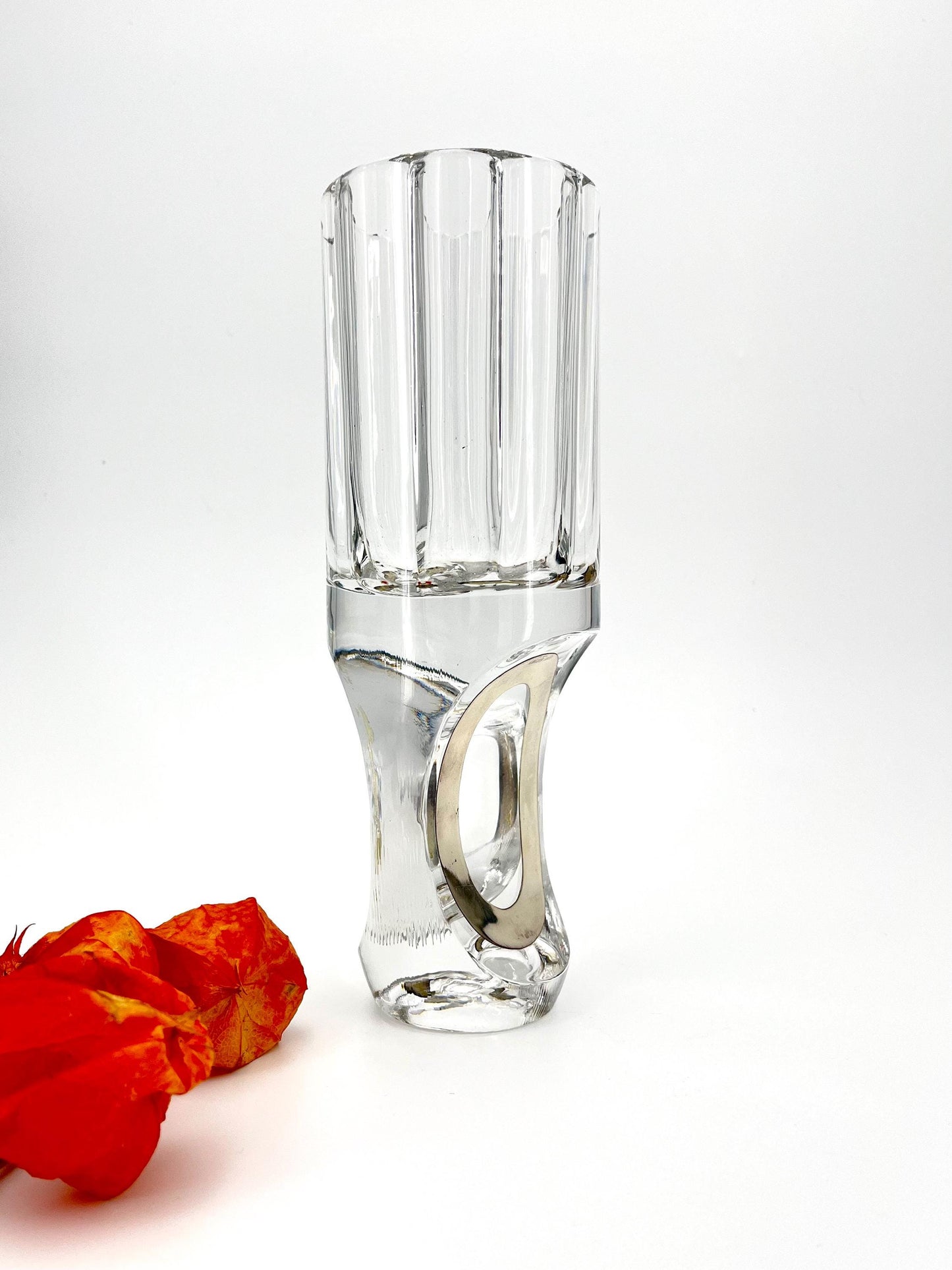 Rare vintage crystal and 800 silver vase by Taddei Sestini, Italy 1970s, handcrafted crystal vase with 800 silver accents