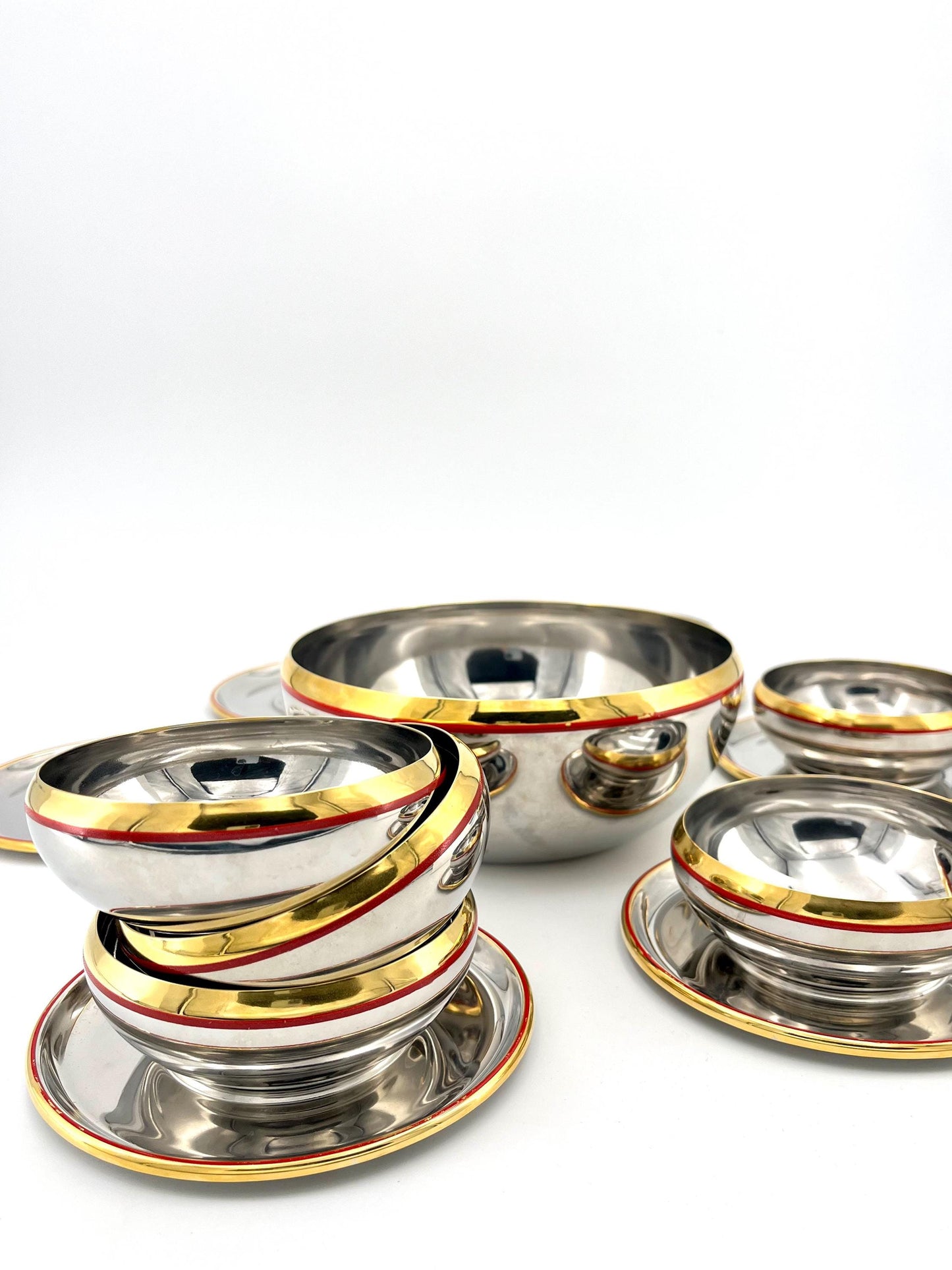 Vintage Gianfranco Gnali stainless steel bowls with 24k gold details, Italy 1980s, Gnali gold-accent bowls
