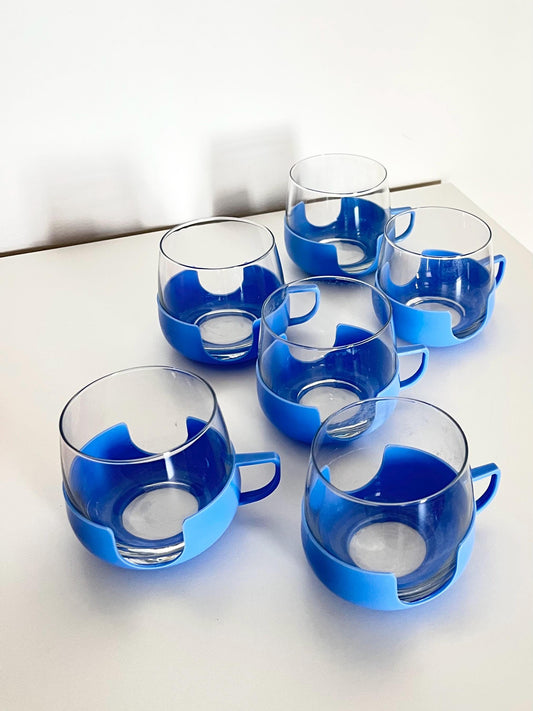 Glass Cups (6) with Blue Plastic Holders, DDR, 1960s