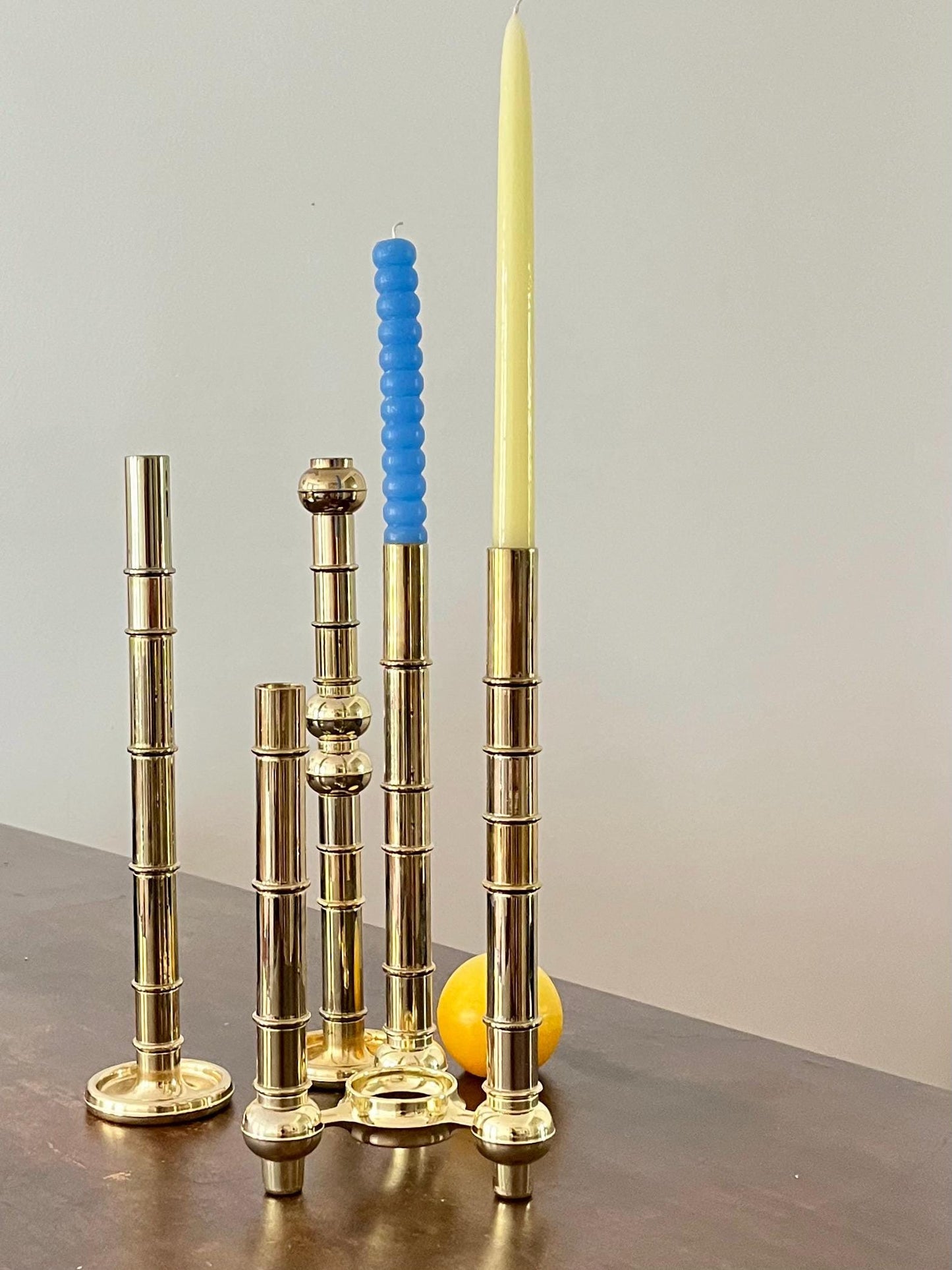 Very Rare Modular Scandinavian Brass Candlestick, 33-Piece Mid-Century Plug-In, Stoff Nagel System