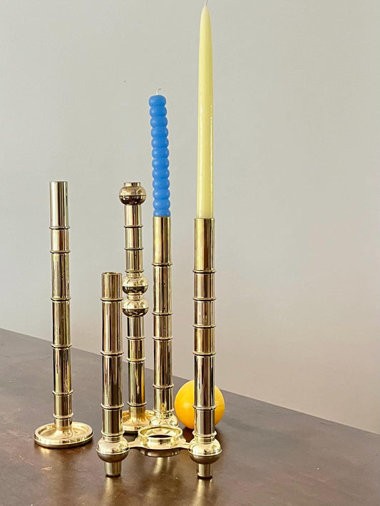 Rare vintage 33-piece modular brass candlestick, mid-century Scandinavian style, 33-piece modular brass candlestick