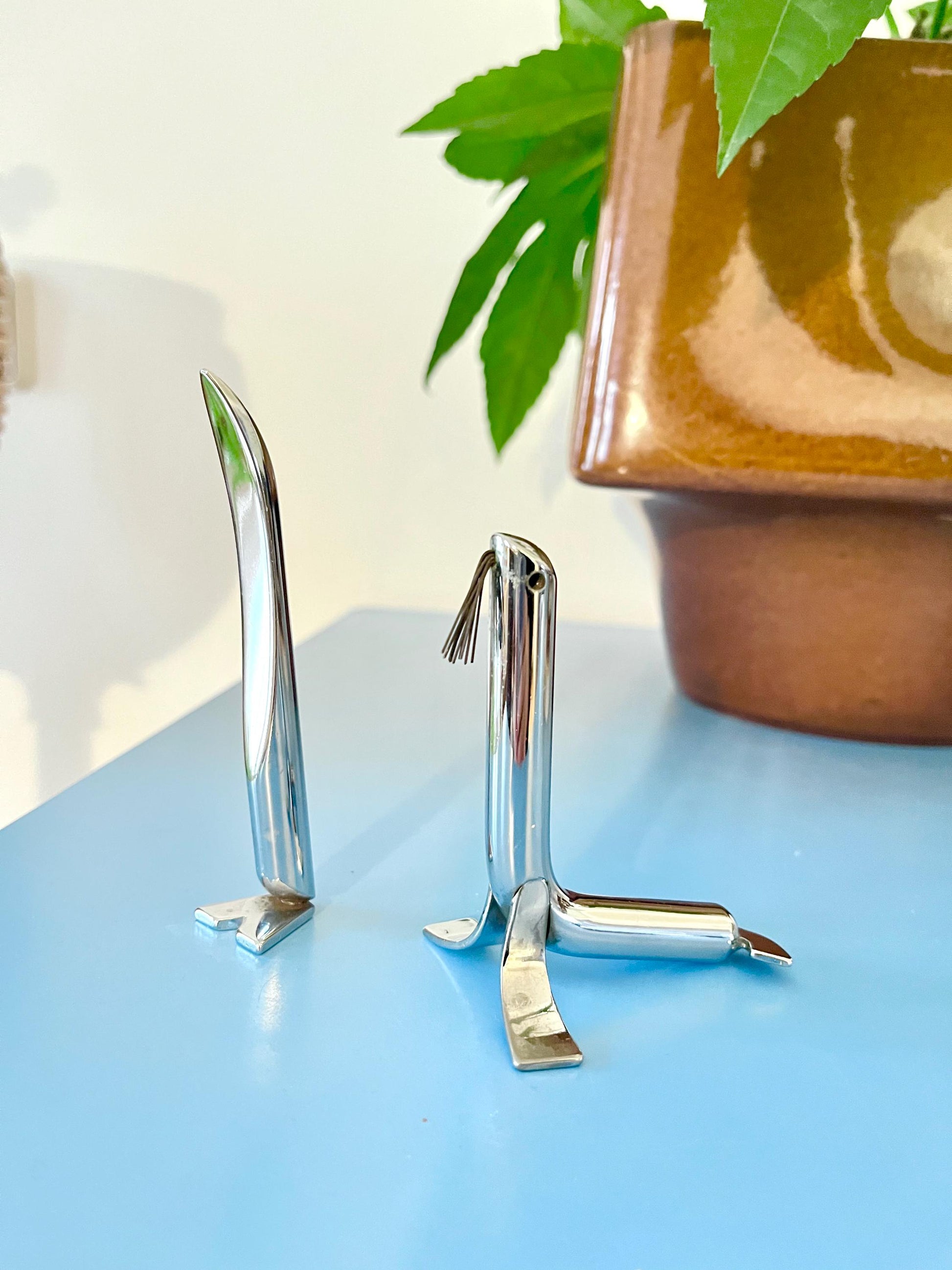 Vintage steel seal and penguin figurines, Italy 1970s, sculptural steel animal pair