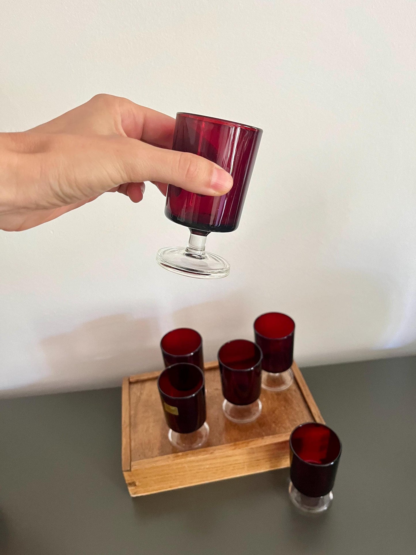 Vintage Luminarc red glasses set, France 1970s, French Luminarc red drinkware