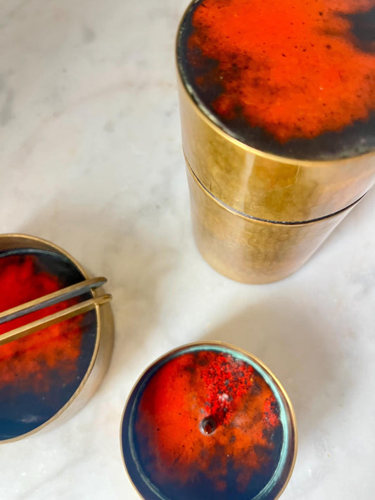 Red Enamel Bronze Set, Ashtray, Candle Holder, Jar, 1950s