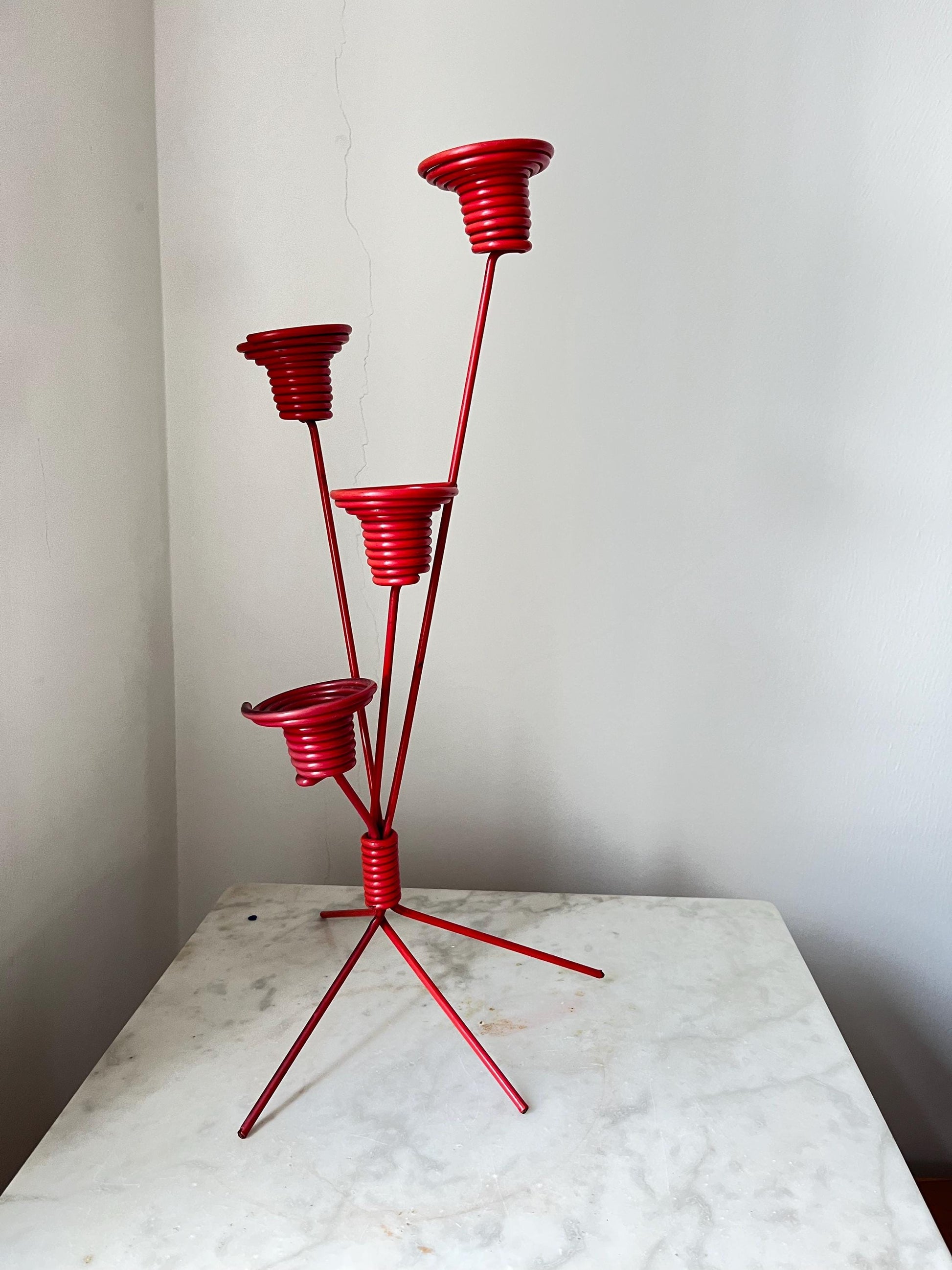 Vintage DDR red metal four-arm candlestick, East Germany, red lacquered metal four-arm candle holder